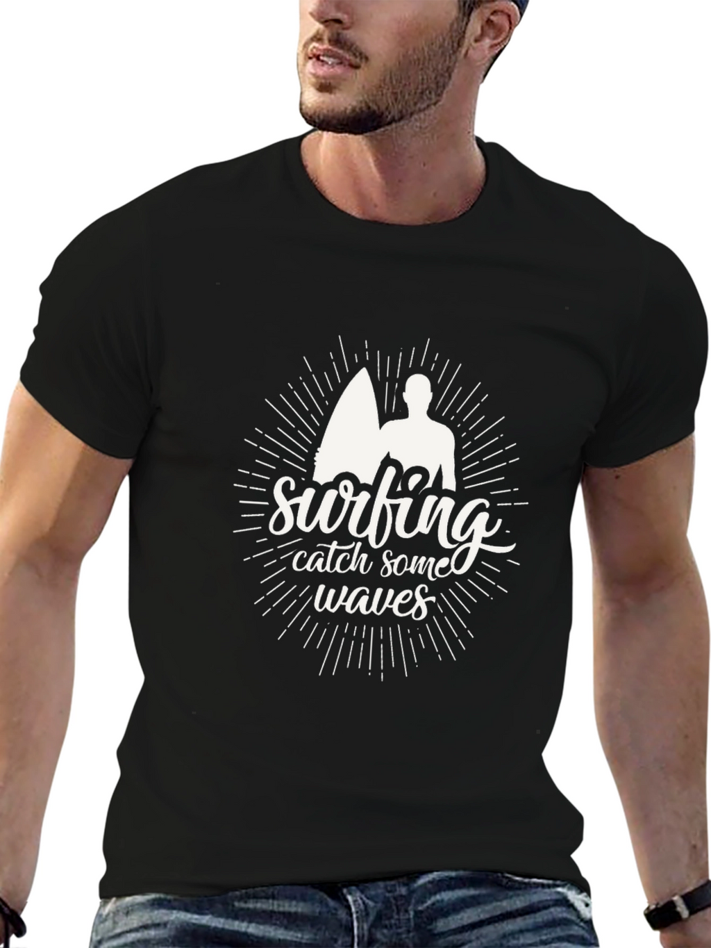 Surfing Catch Waves Black T-Shirt