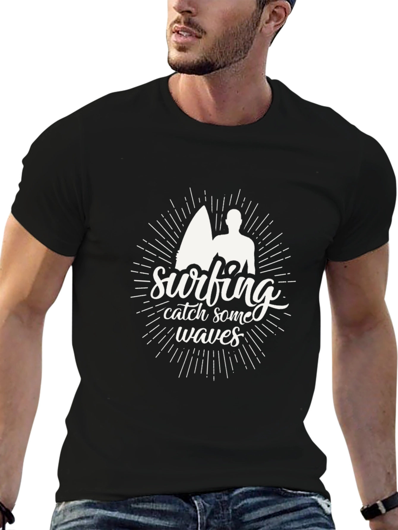 Surfing Catch Waves Black T-Shirt