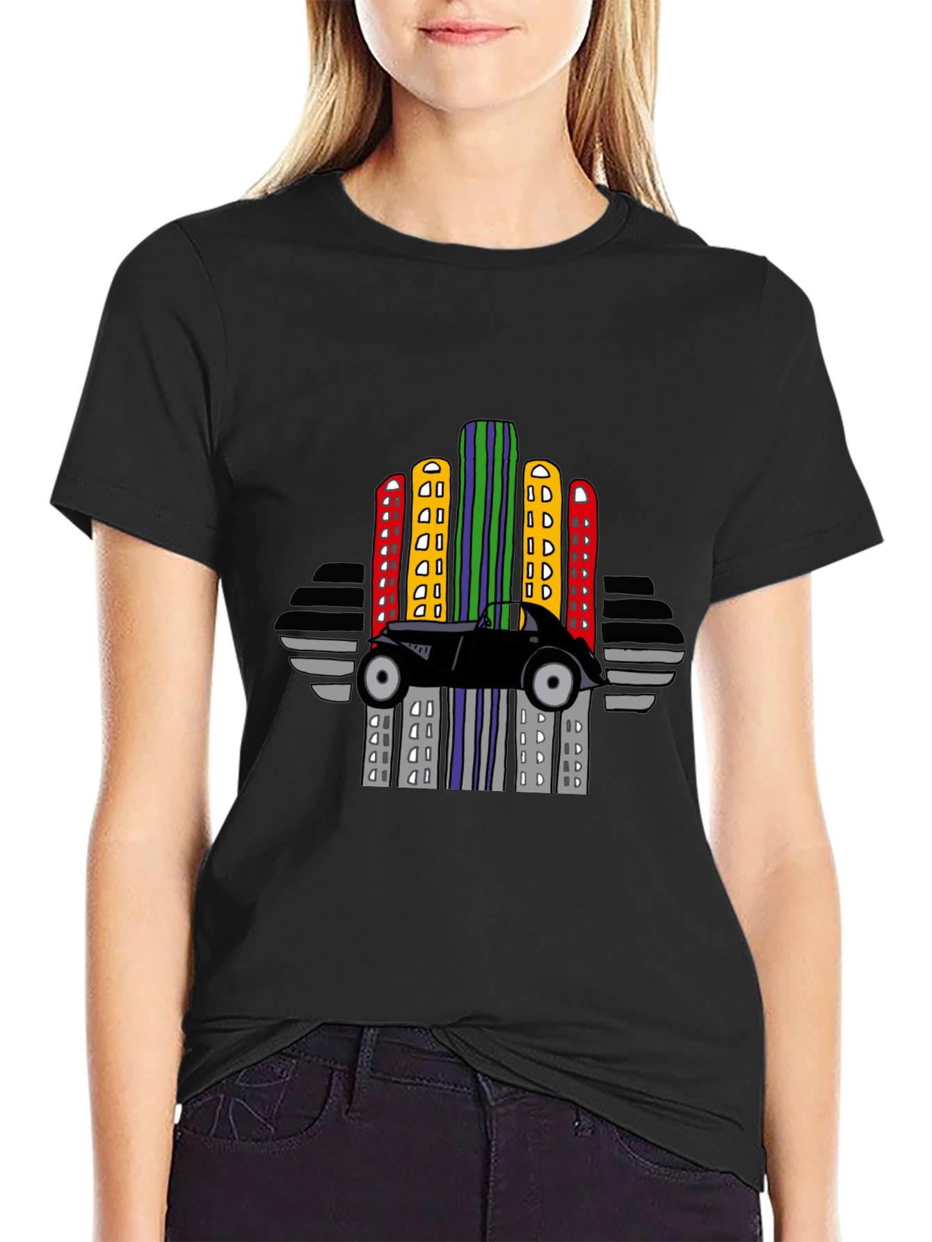 Retro Car & City Skyline Black T-Shirt