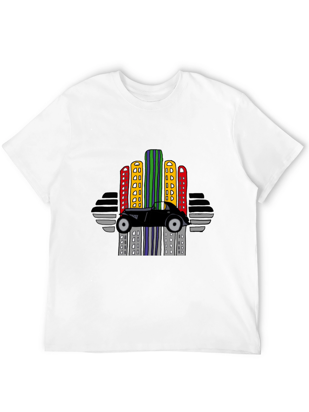 Retro Car & City Skyline Black T-Shirt