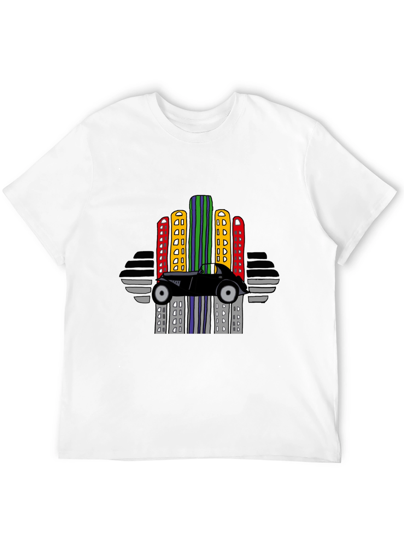 Retro Car & City Skyline Black T-Shirt