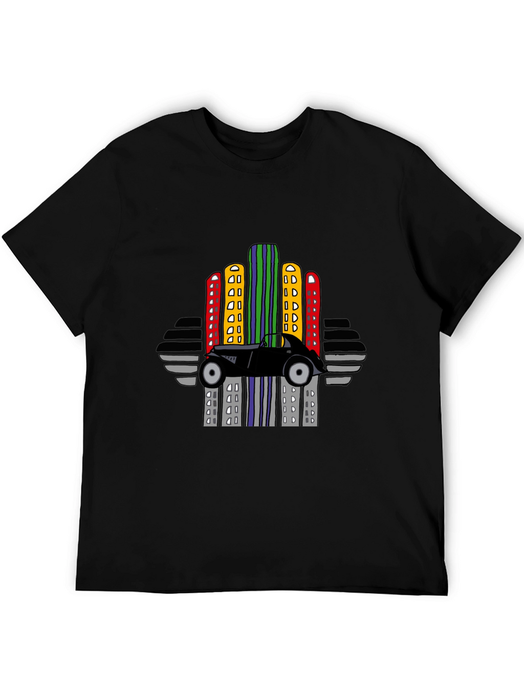 Retro Car & City Skyline Black T-Shirt