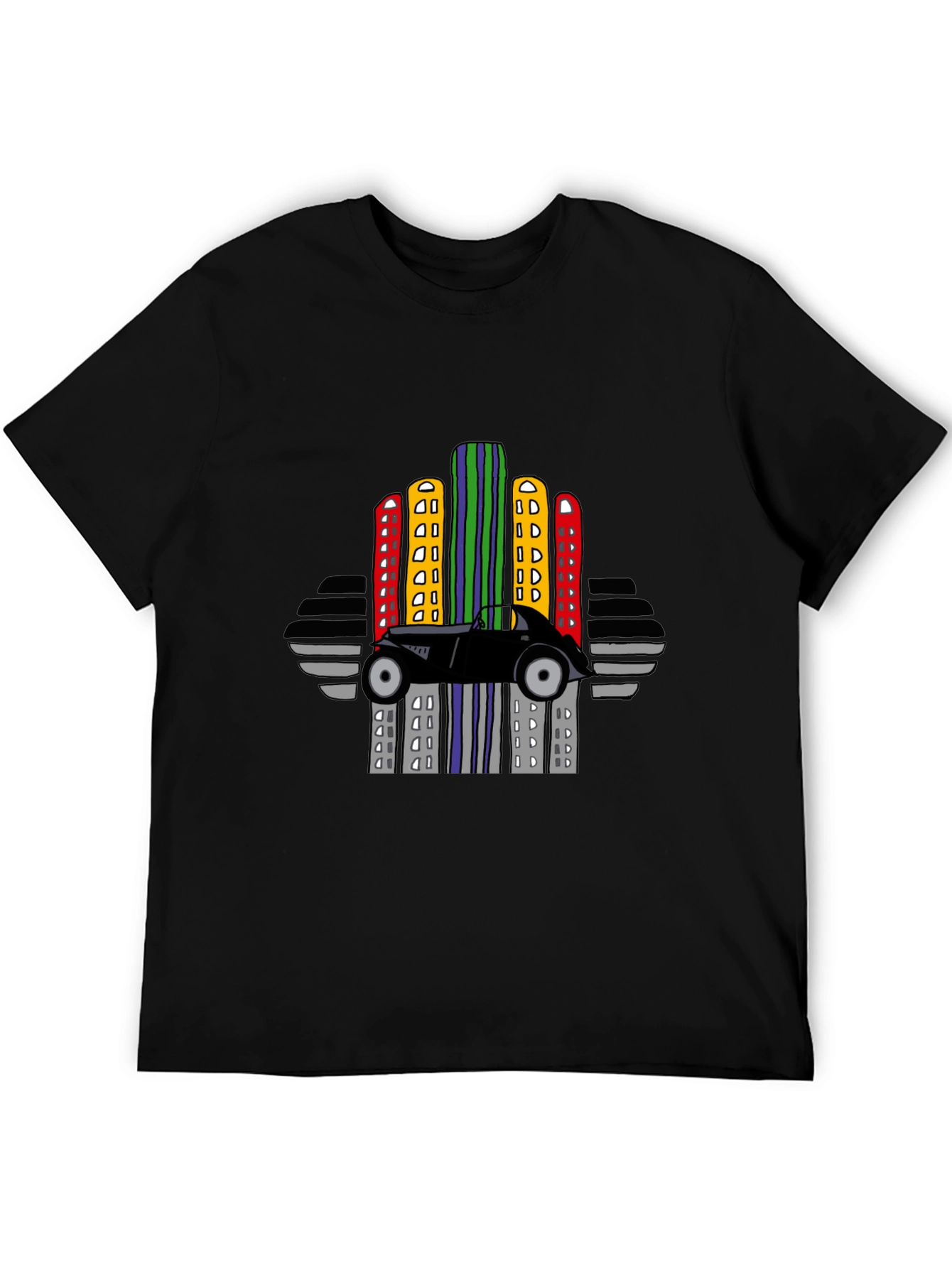 Retro Car & City Skyline Black T-Shirt