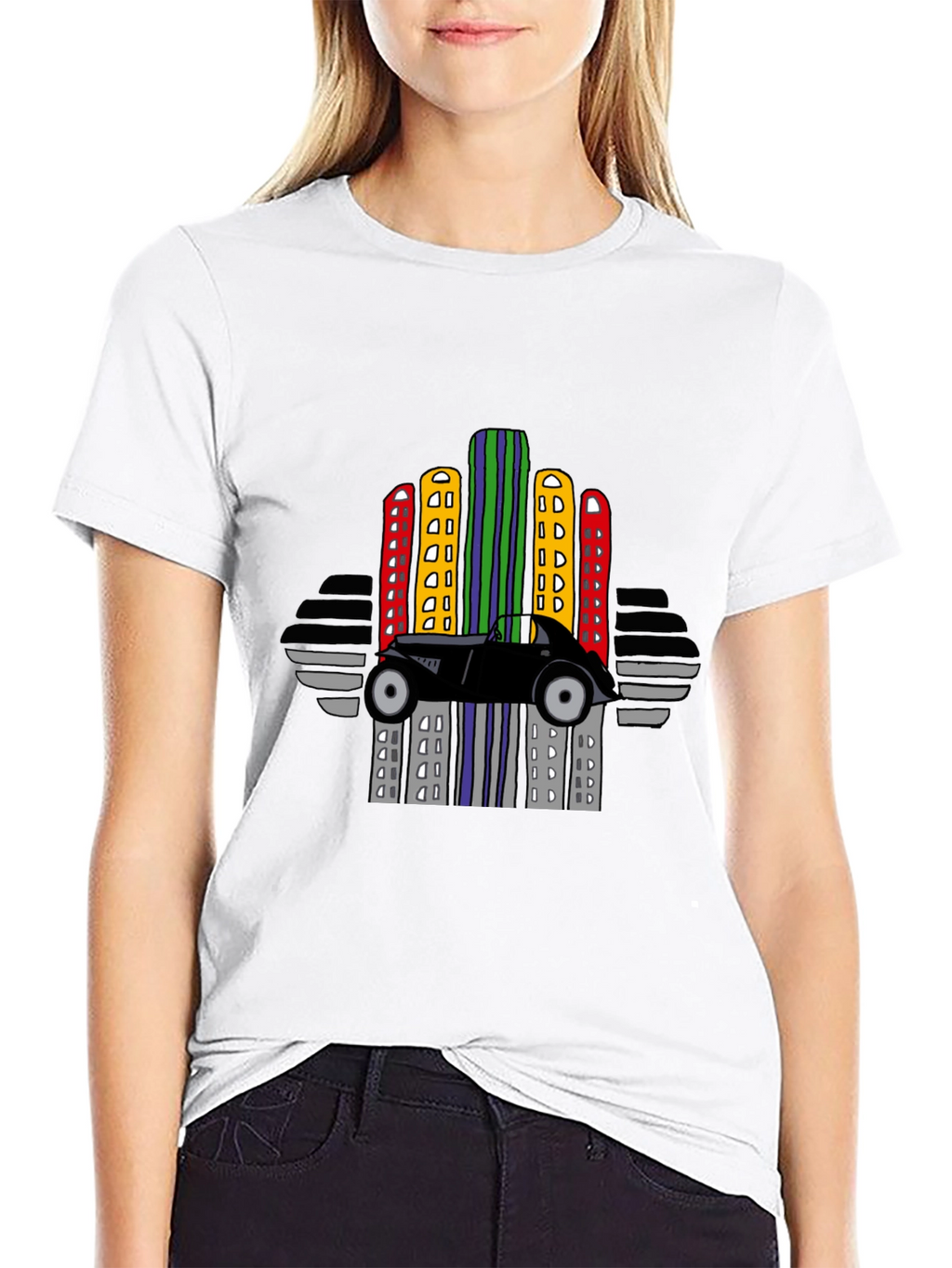 Retro Car & City Skyline Black T-Shirt