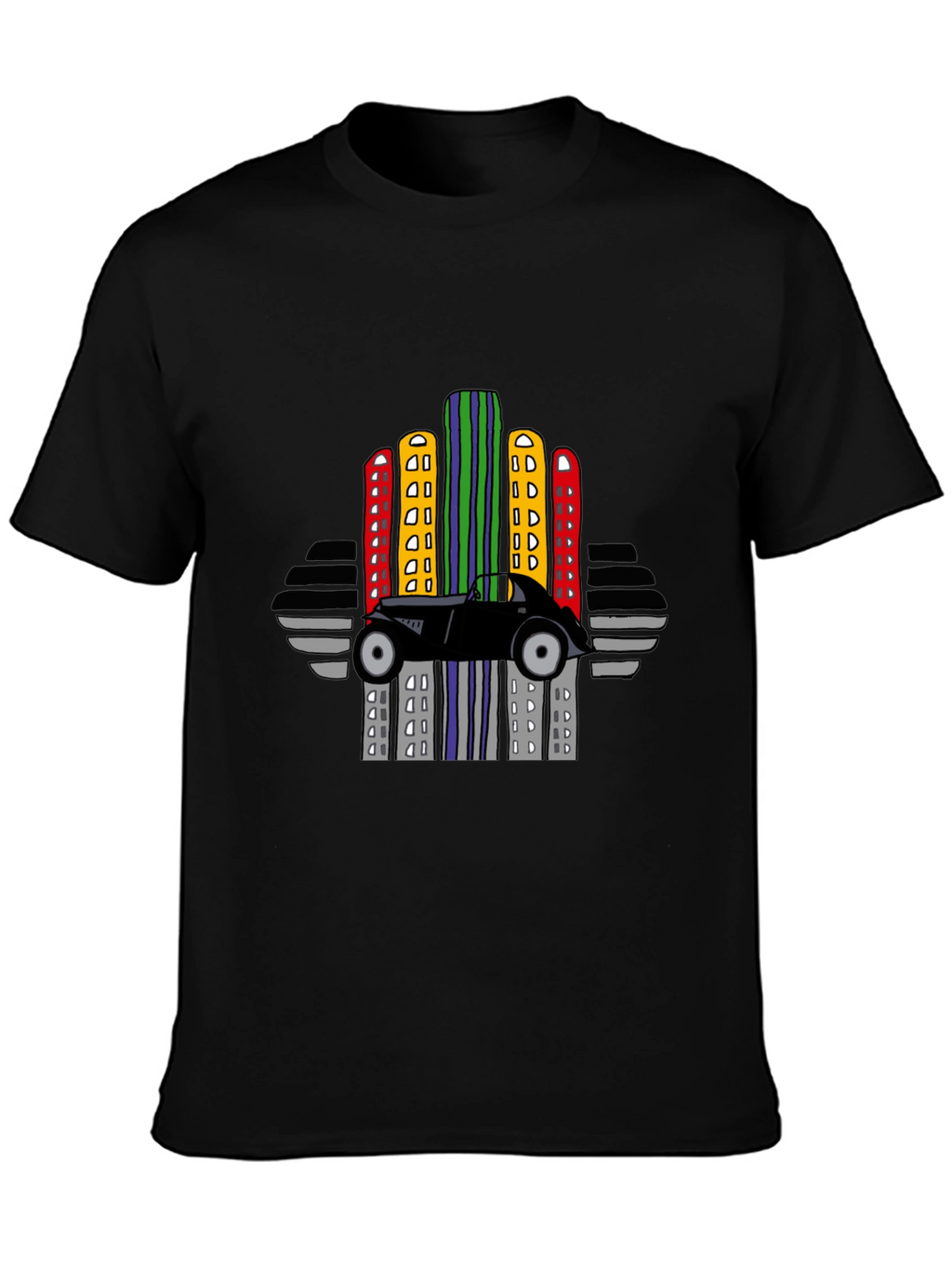 Retro Car & City Skyline Black T-Shirt