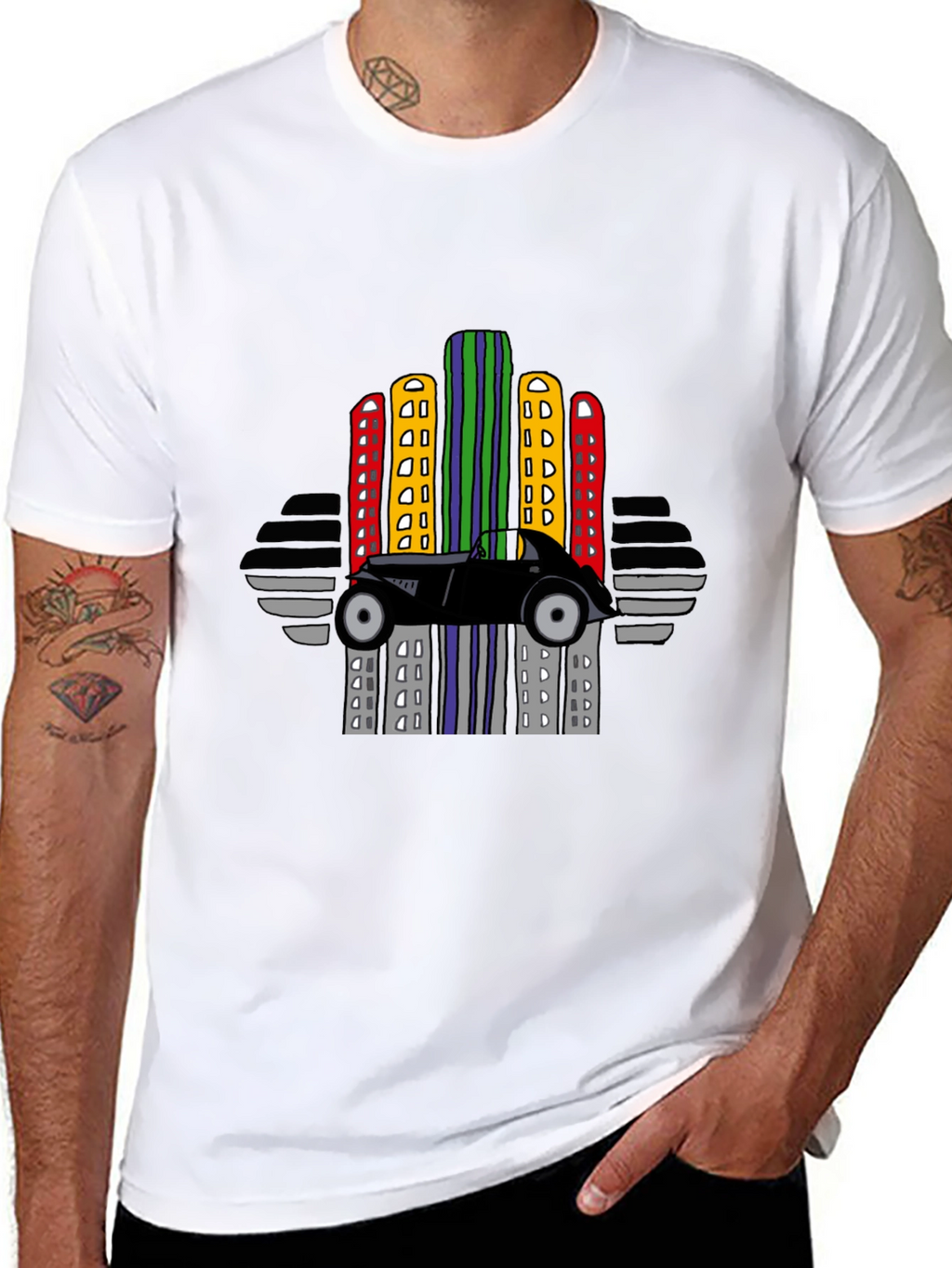 Retro Car & City Skyline Black T-Shirt