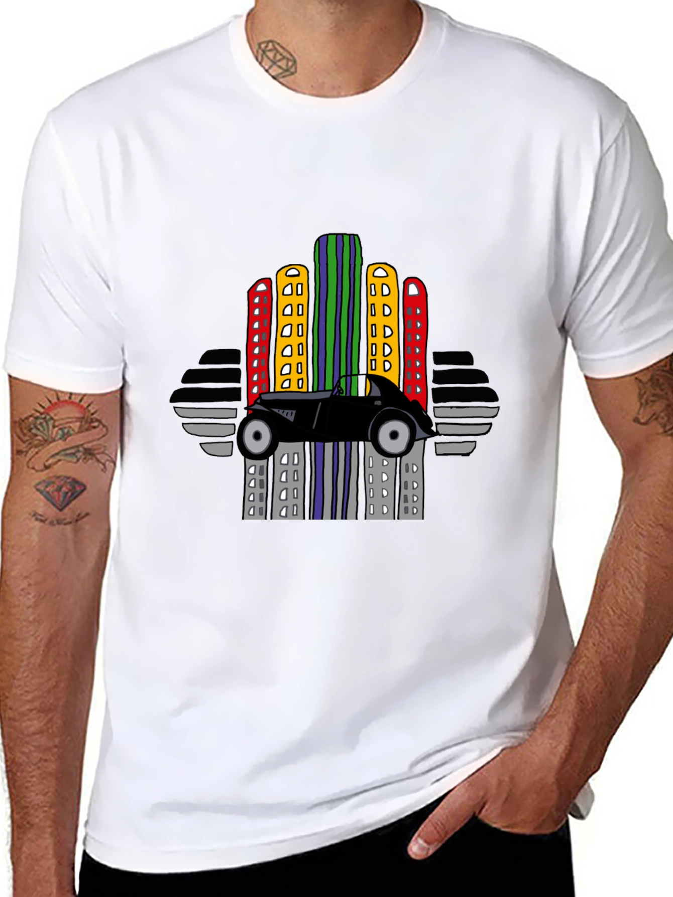 Retro Car & City Skyline Black T-Shirt