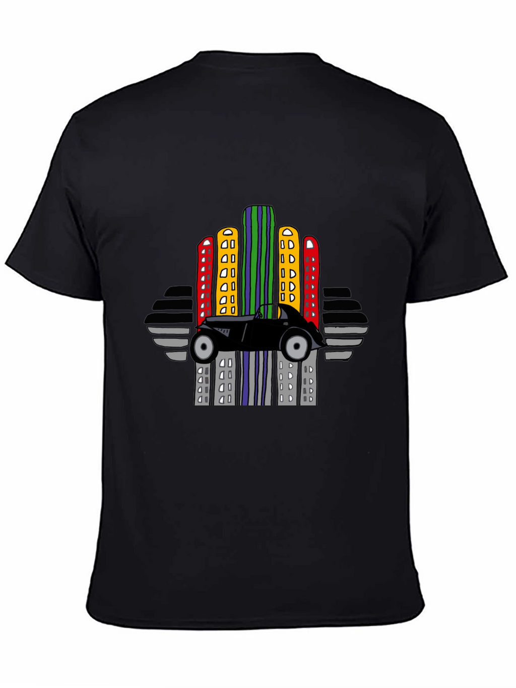 Retro Car & City Skyline Black T-Shirt
