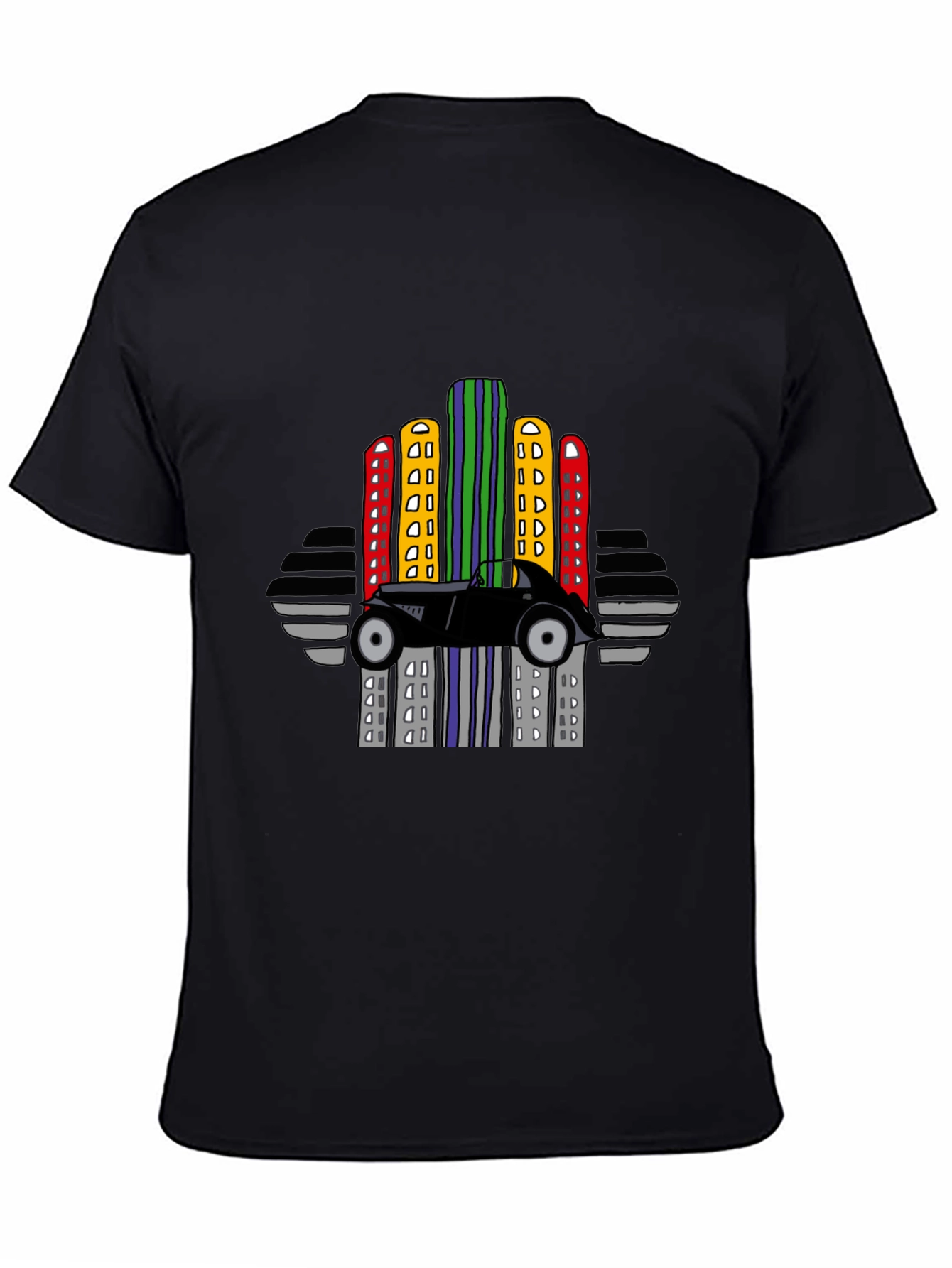 Retro Car & City Skyline Black T-Shirt