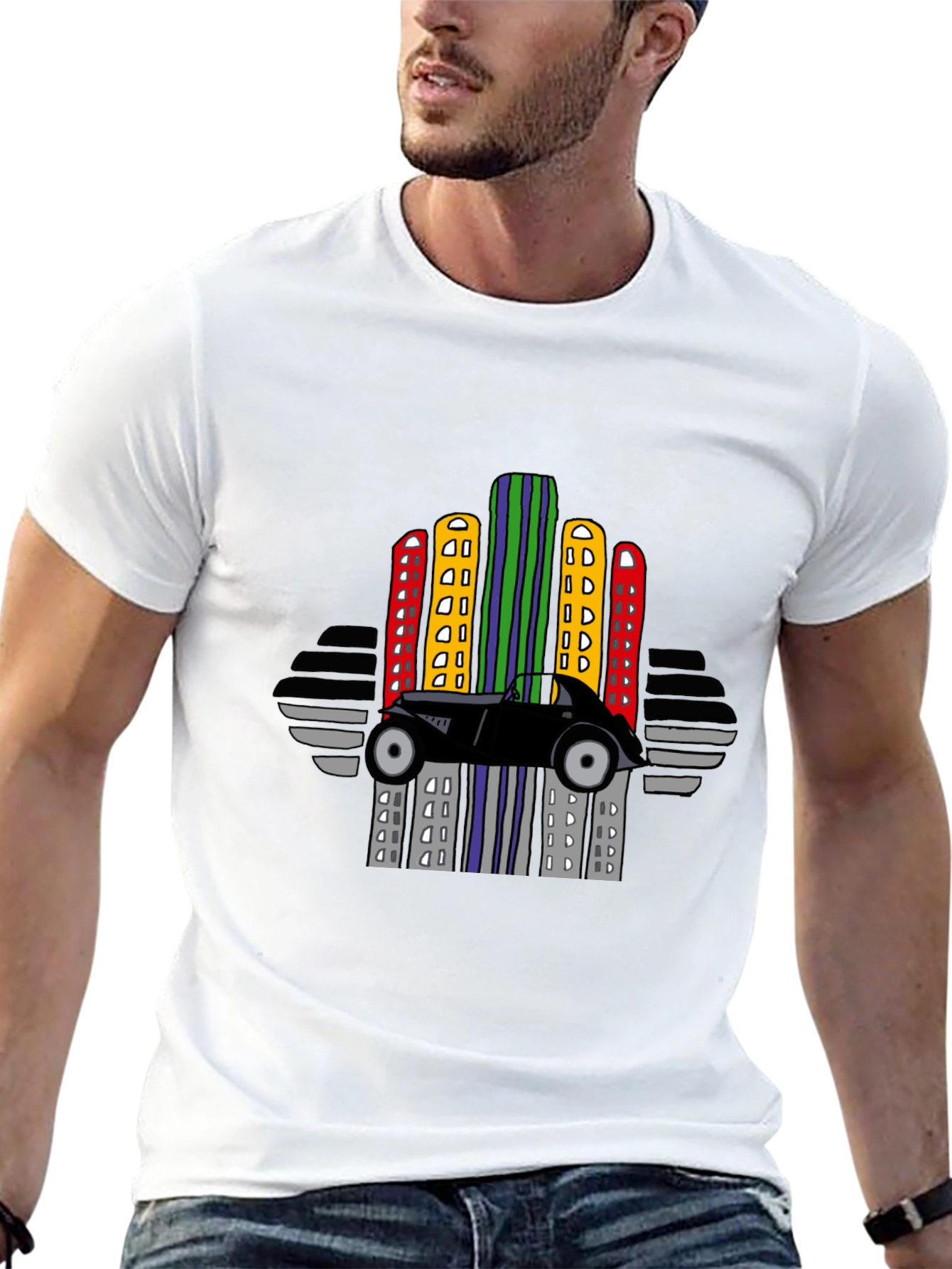Retro Car & City Skyline Black T-Shirt
