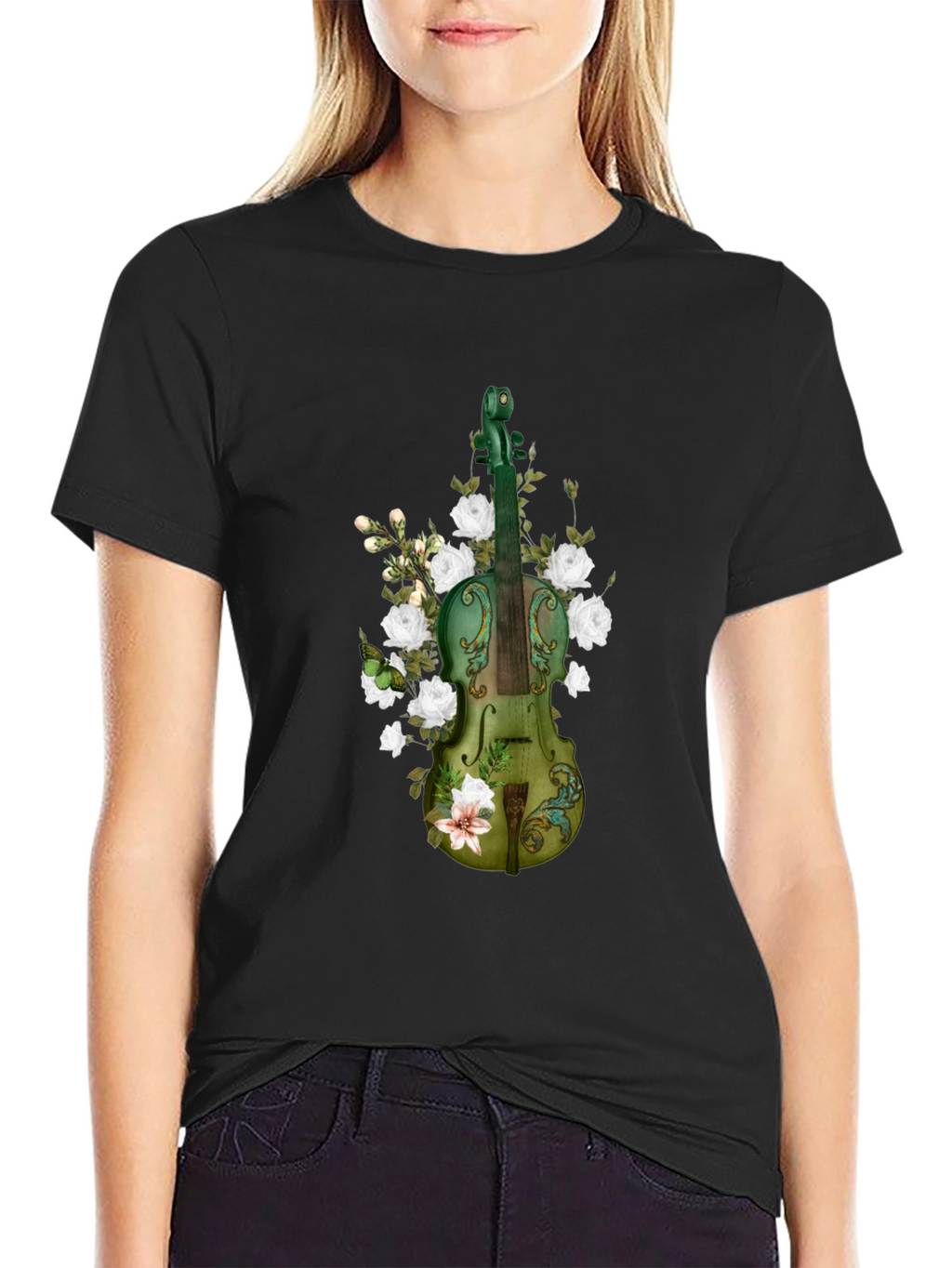 Floral Violin Graphic T-Shirt