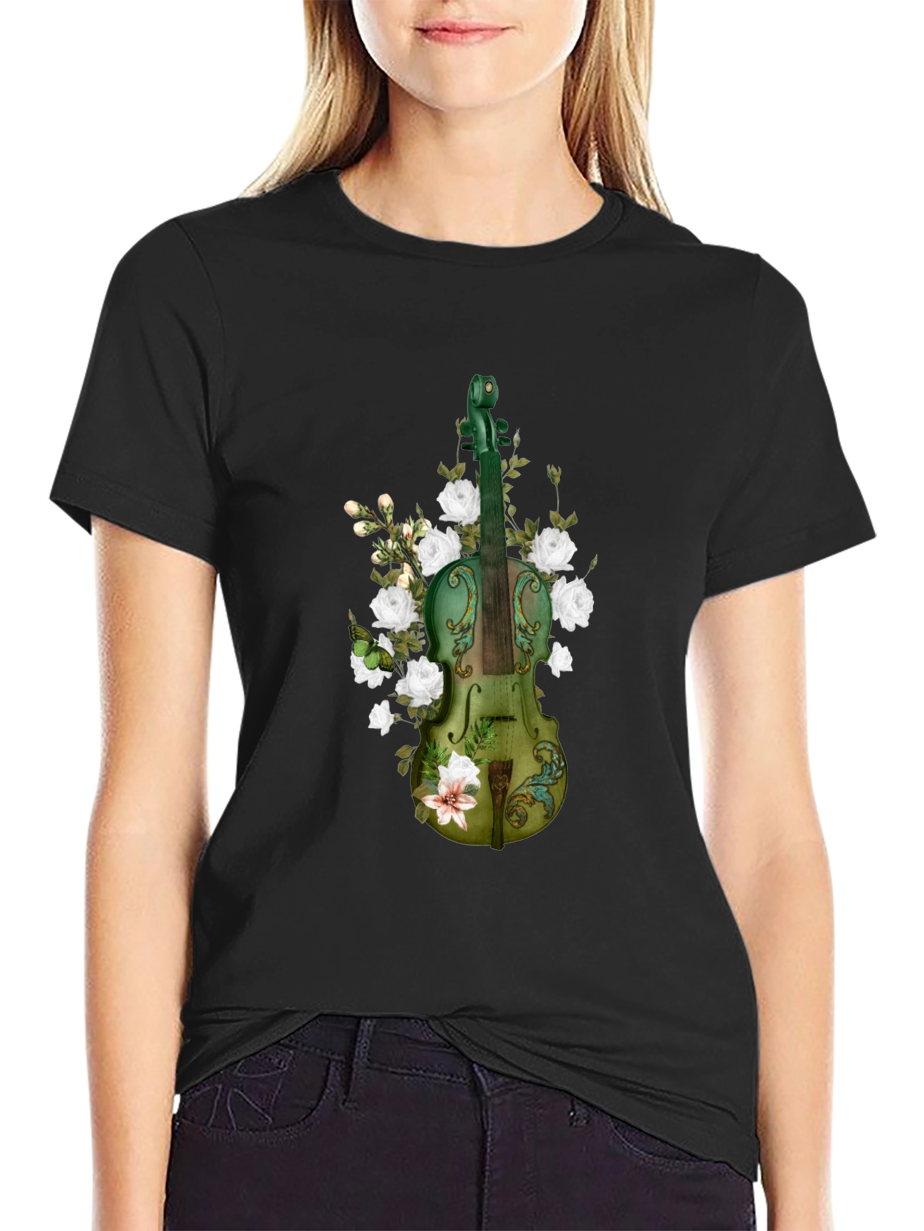 Floral Violin Graphic T-Shirt