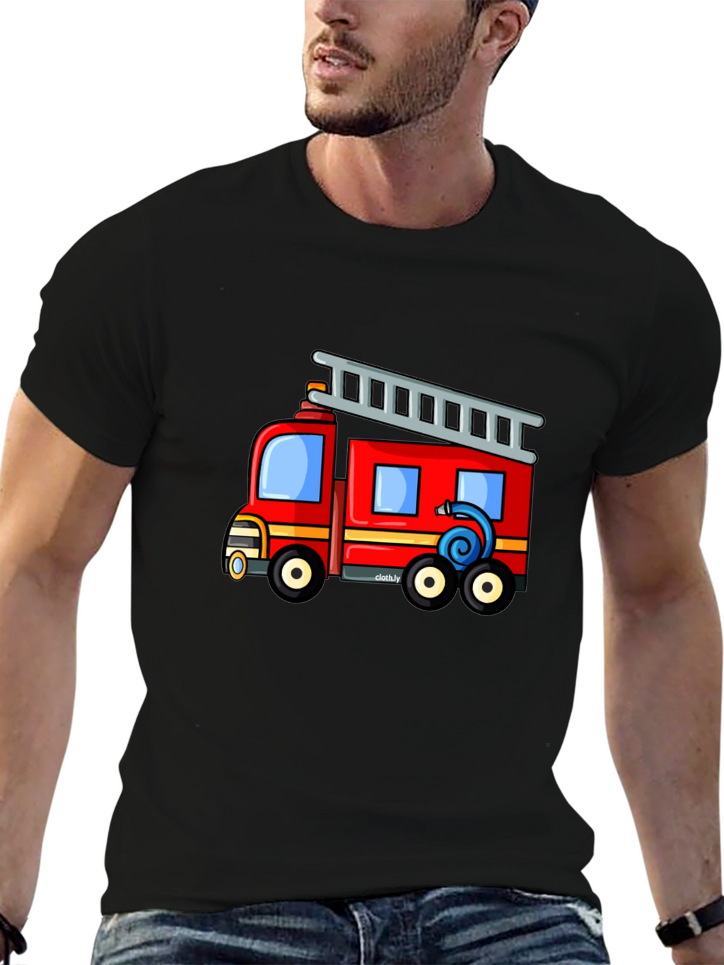 Fire Truck Graphic Tee - Black Cotton Blend T-Shirt