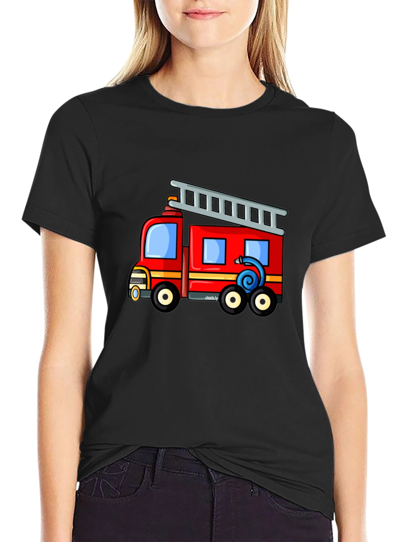 Fire Truck Graphic Tee - Black Cotton Blend T-Shirt