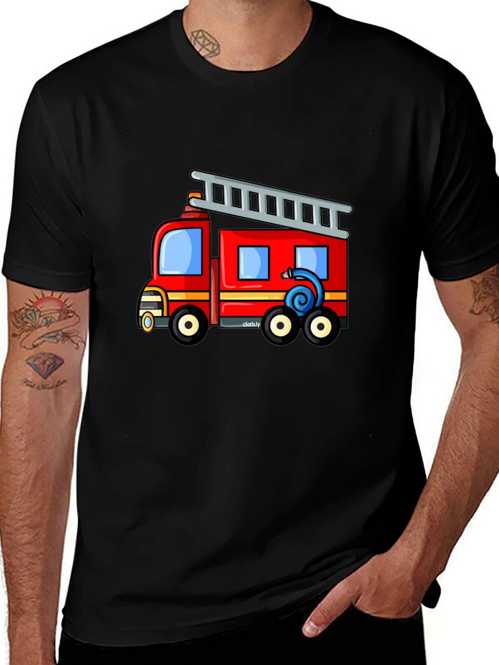 Fire Truck Graphic Tee - Black Cotton Blend T-Shirt