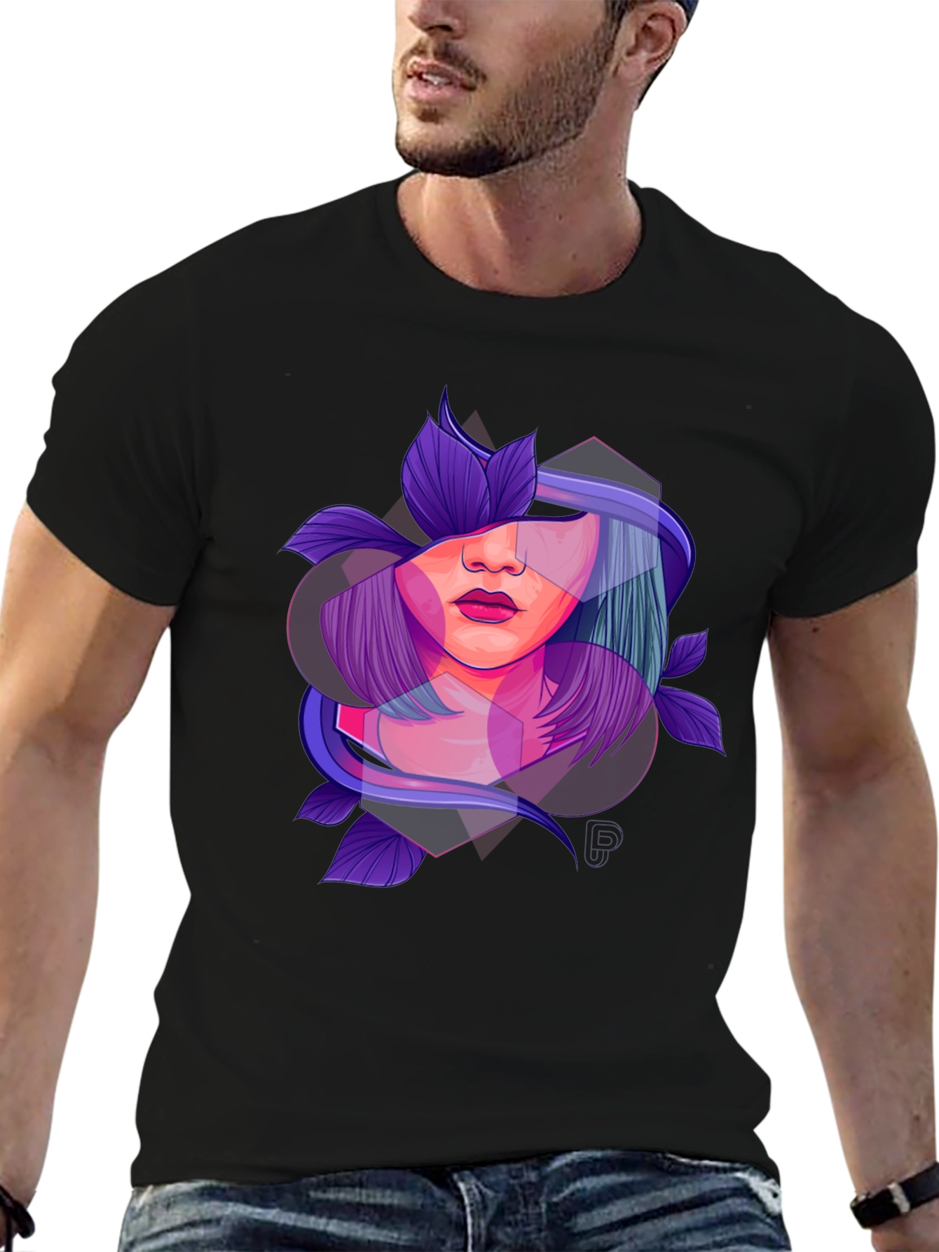 Abstract Woman Floral Graphic Black T-Shirt