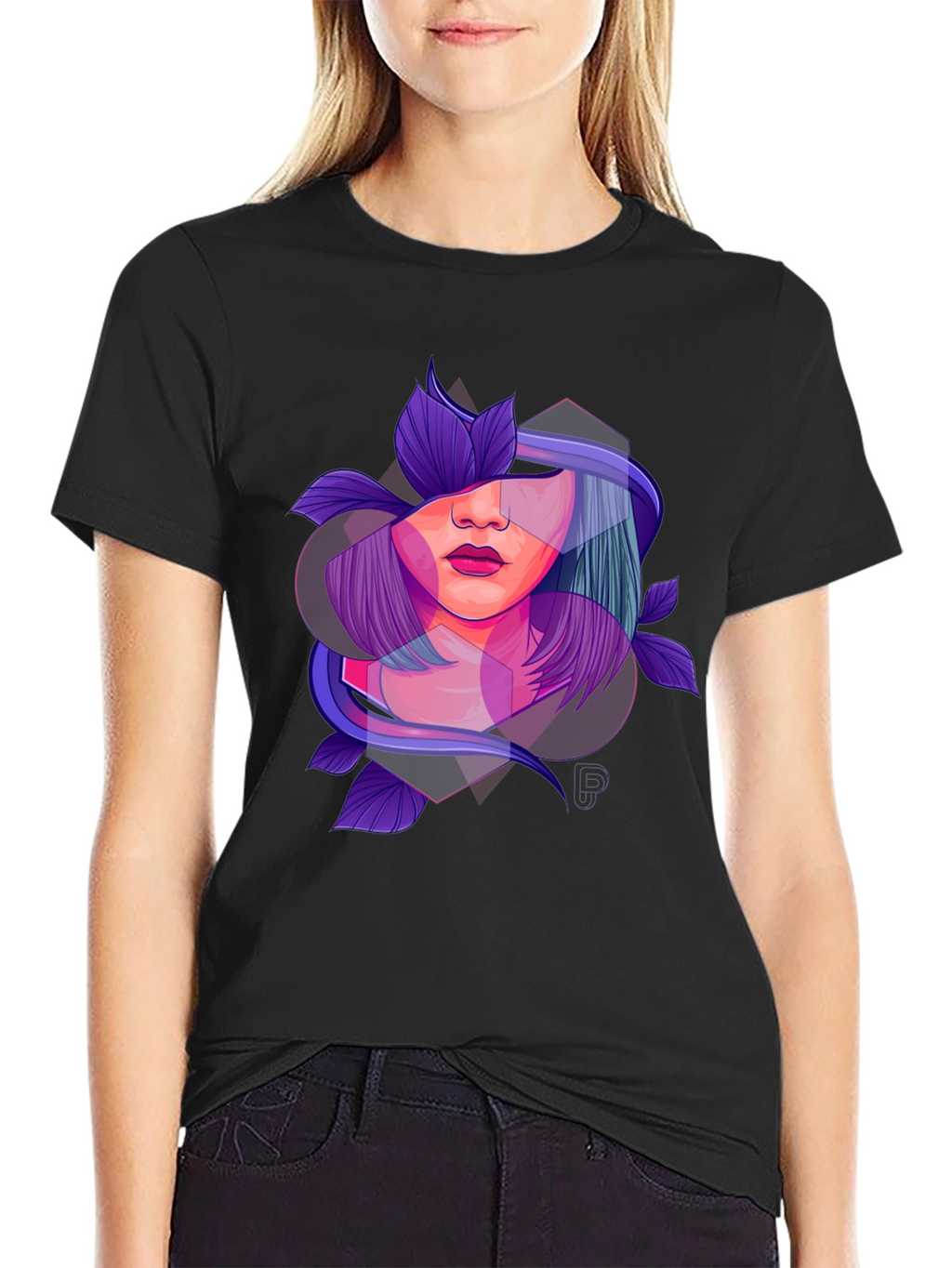 Abstract Woman Floral Graphic Black T-Shirt