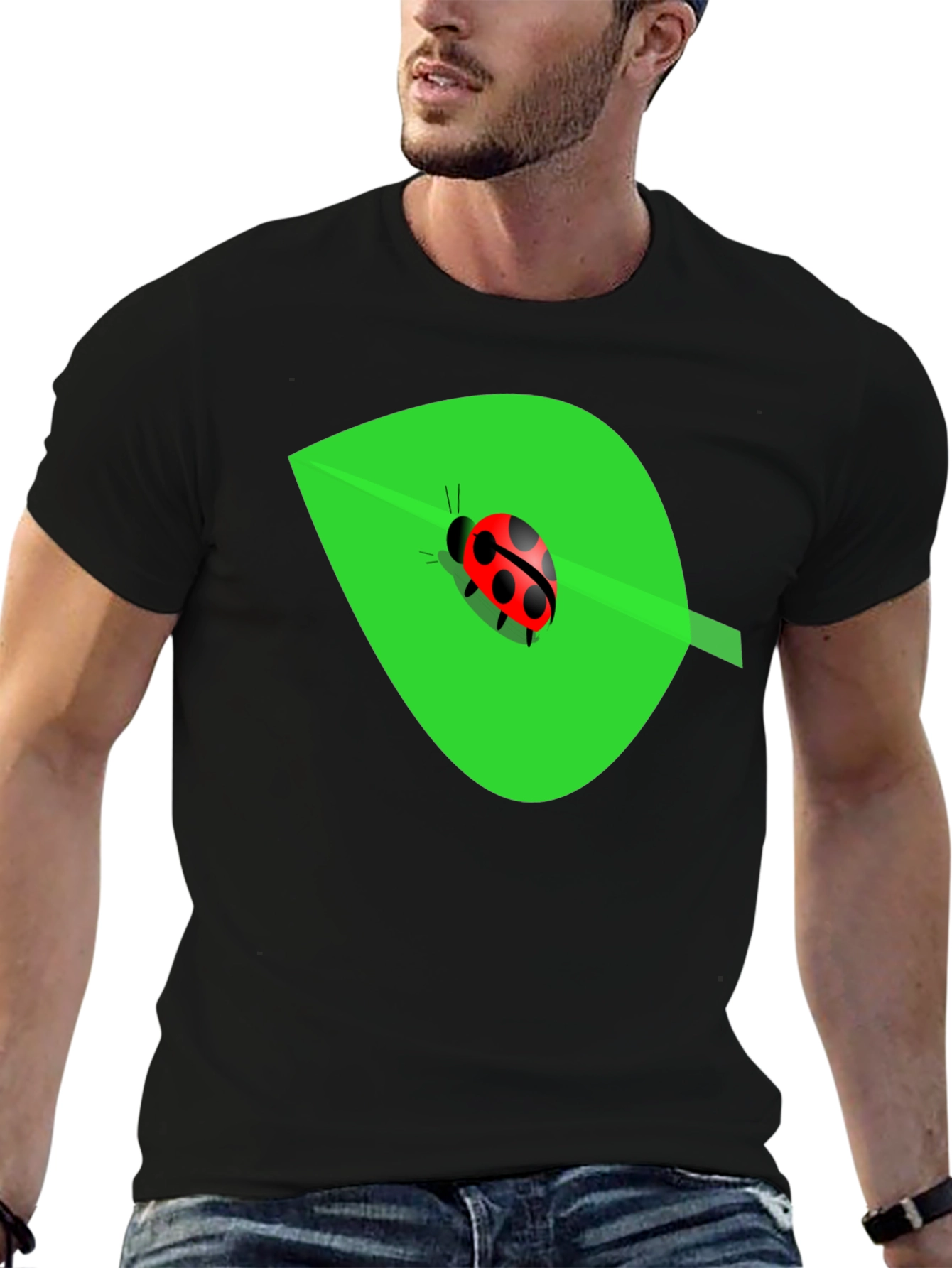 Ladybug on Leaf Graphic Tee - Black Cotton Blend