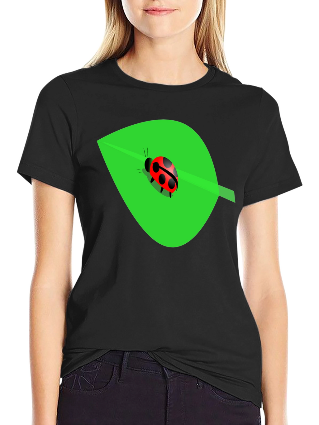 Ladybug on Leaf Graphic Tee - Black Cotton Blend