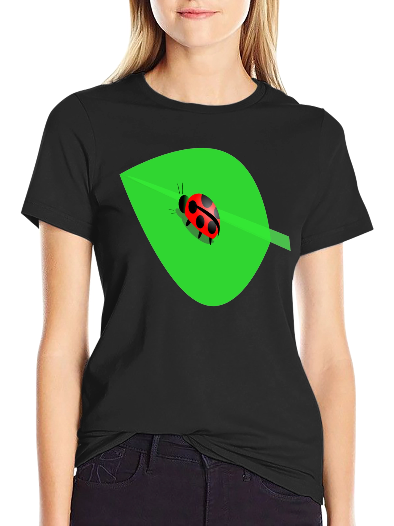 Ladybug on Leaf Graphic Tee - Black Cotton Blend