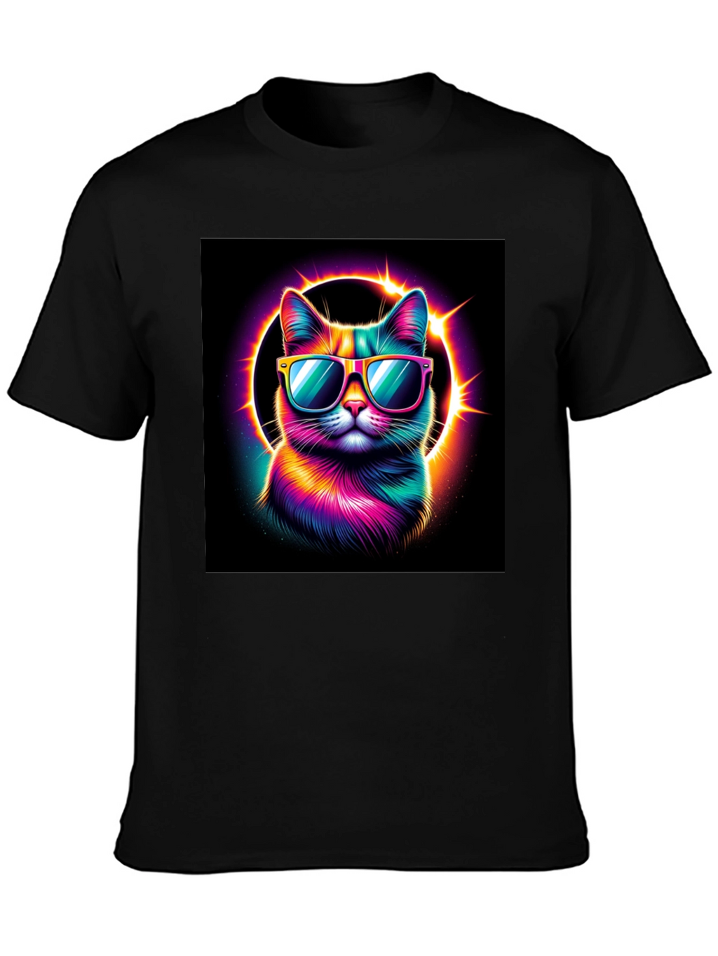 Cool Cat T-Shirt - Neon Rainbow Cat with Sunglasses