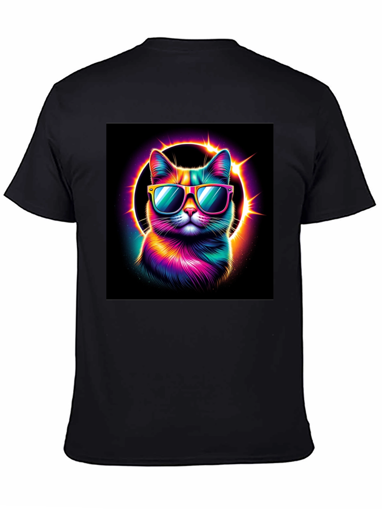 Cool Cat T-Shirt - Neon Rainbow Cat with Sunglasses