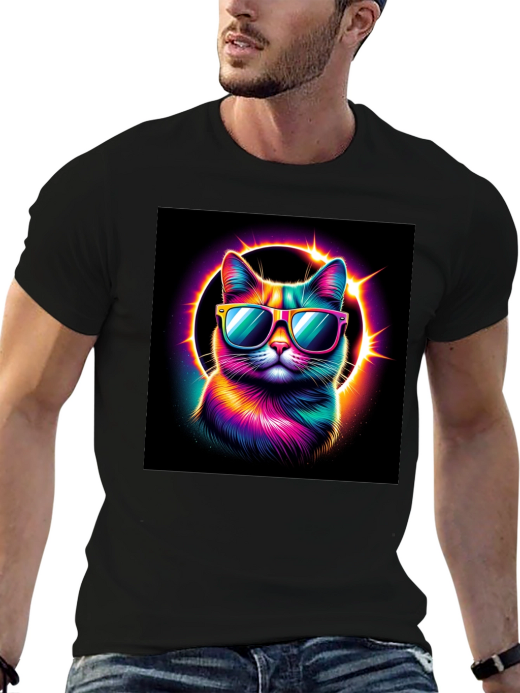 Cool Cat T-Shirt - Neon Rainbow Cat with Sunglasses