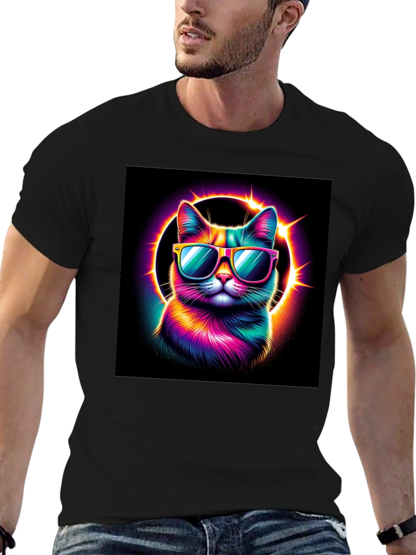 Cool Cat T-Shirt - Neon Rainbow Cat with Sunglasses