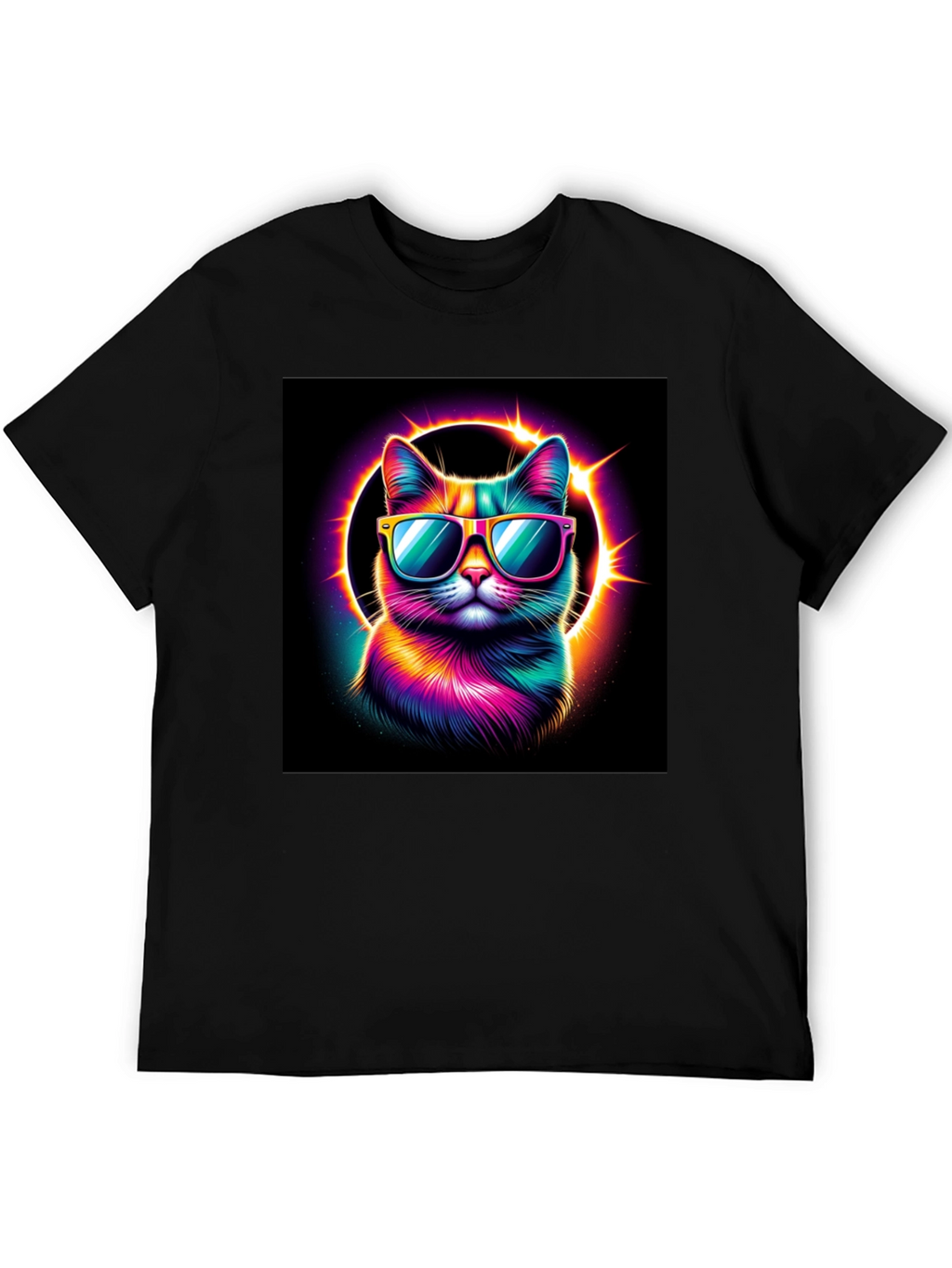 Cool Cat T-Shirt - Neon Rainbow Cat with Sunglasses