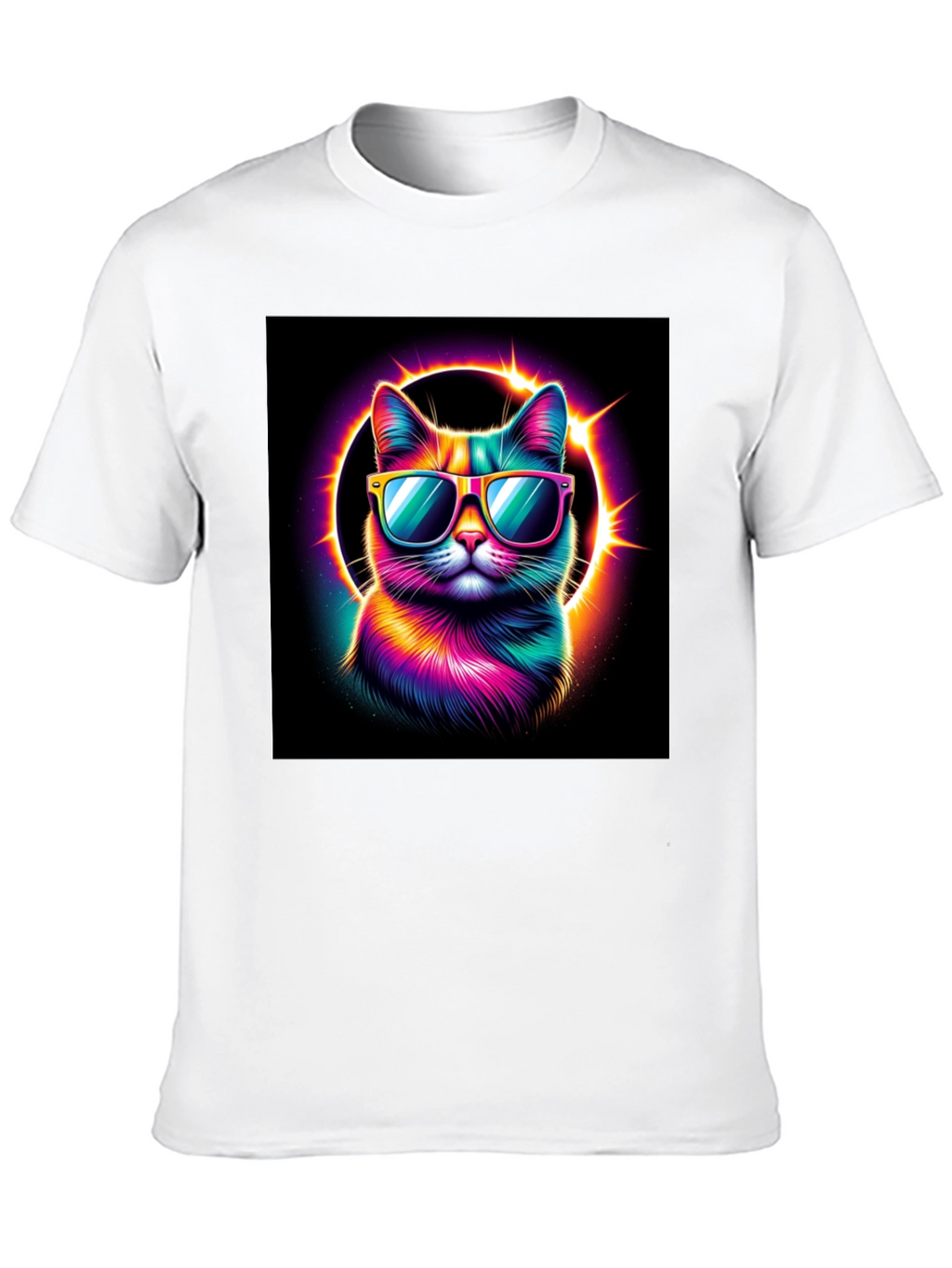 Cool Cat T-Shirt - Neon Rainbow Cat with Sunglasses