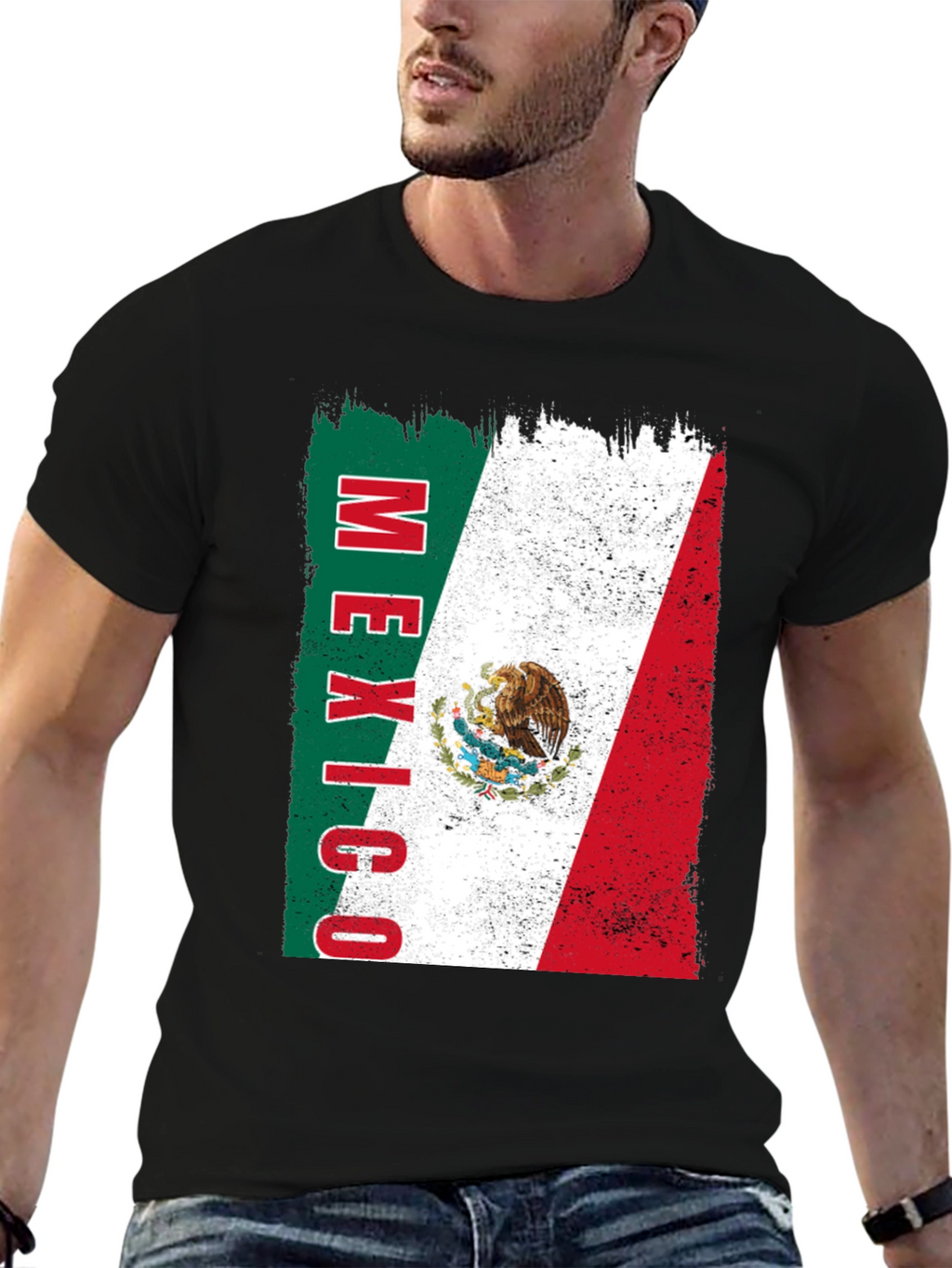 Distressed Mexico Flag Graphic T-Shirt - Black Cotton Tee
