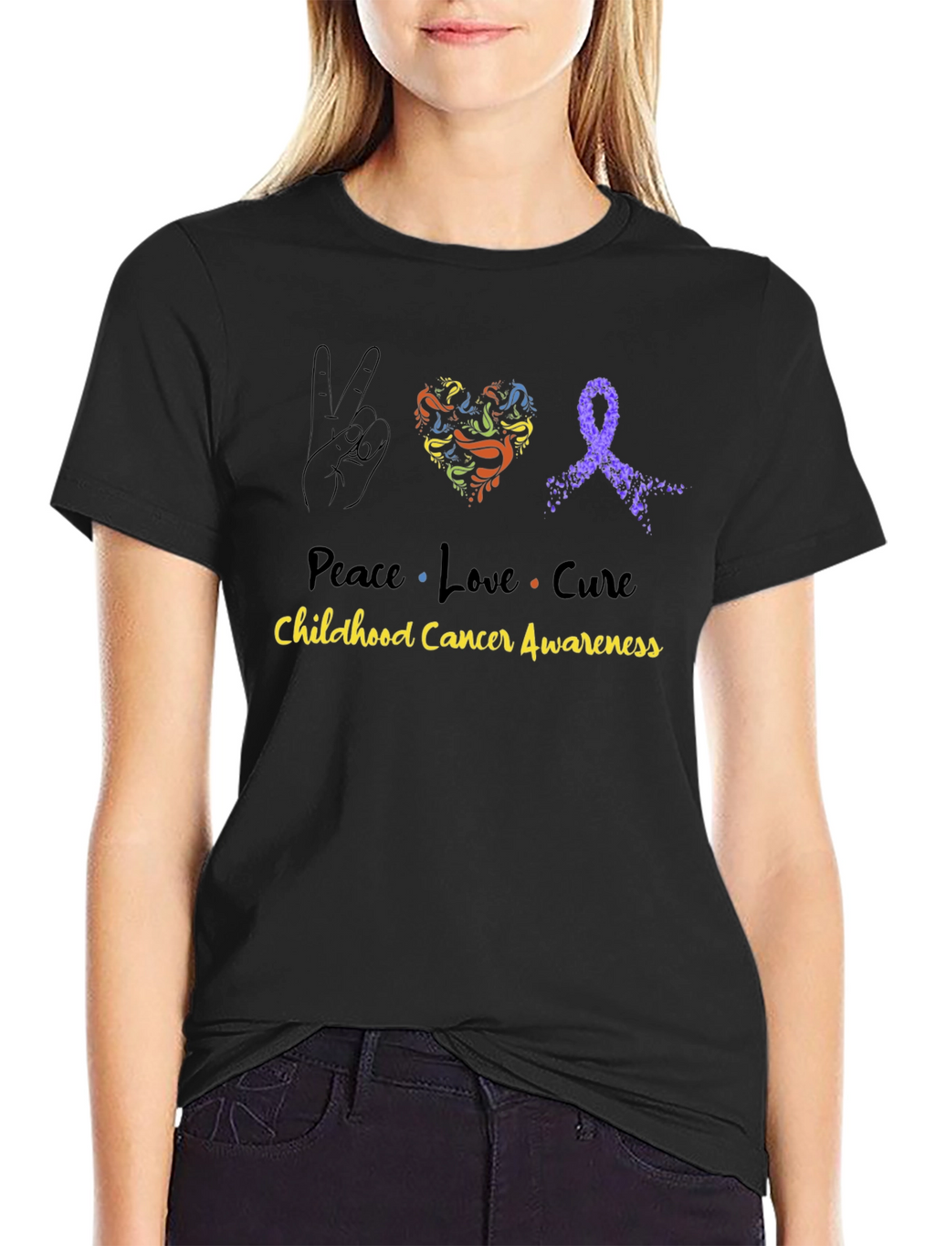 Peace Love Cure Childhood Cancer Awareness Black Tee