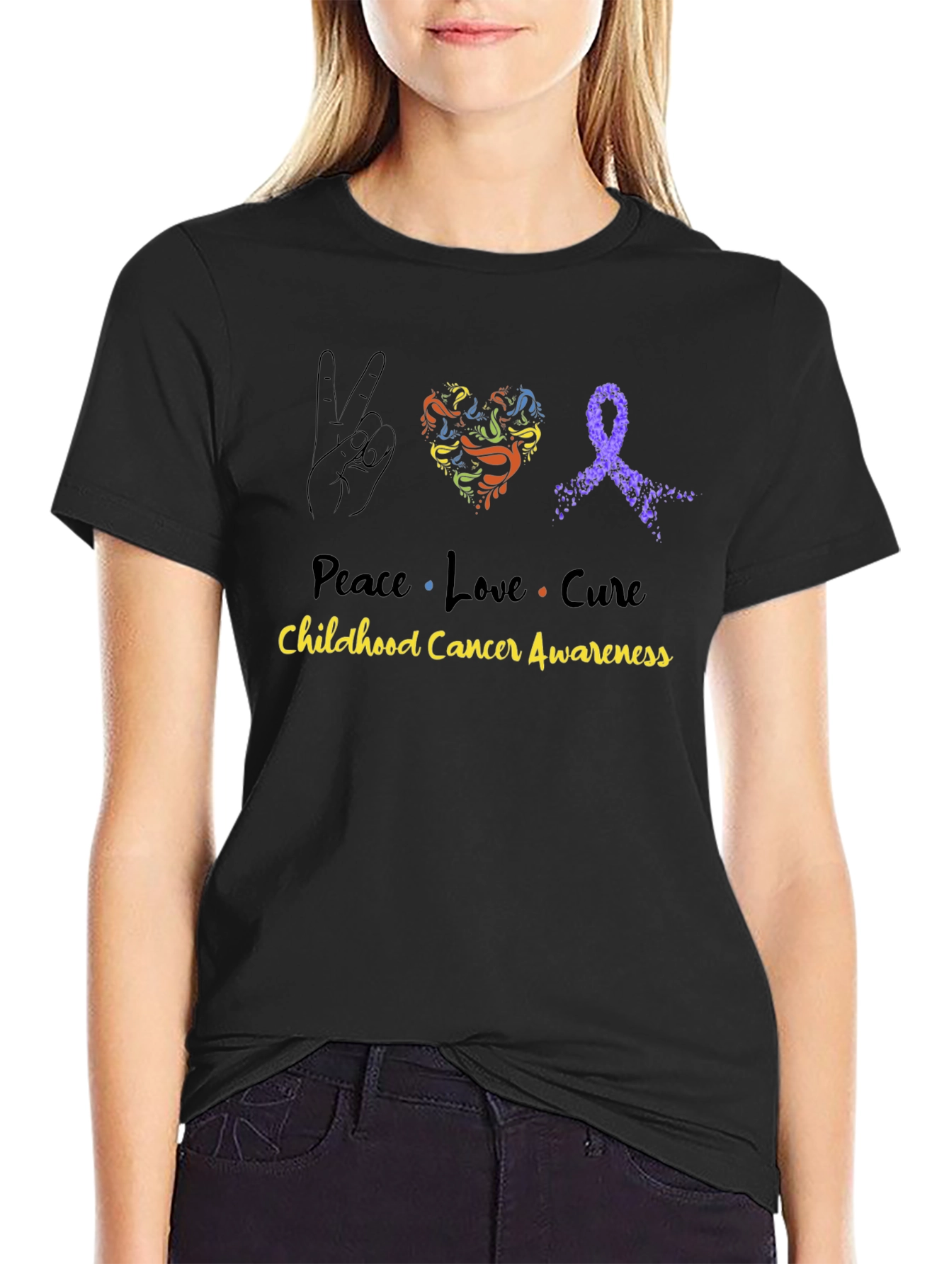 Peace Love Cure Childhood Cancer Awareness Black Tee