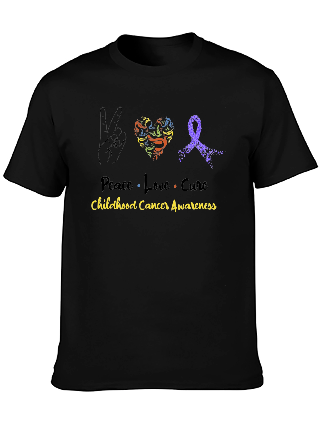 Peace Love Cure Childhood Cancer Awareness Black Tee