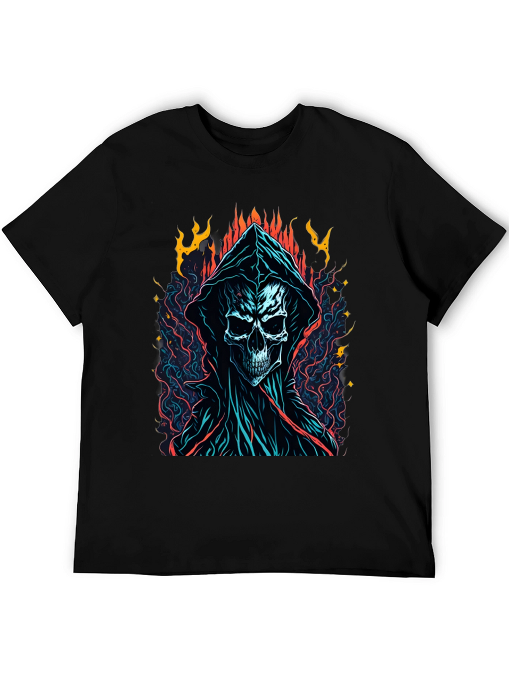 Grim Reaper Graphic Tee - Flame Skull Design