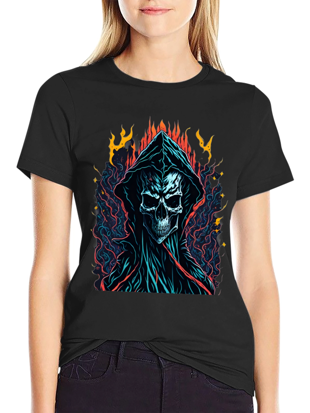 Grim Reaper Graphic Tee - Flame Skull Design