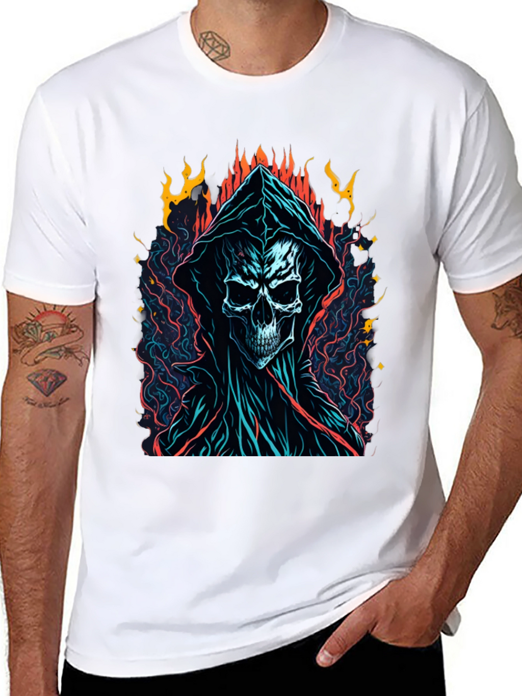 Grim Reaper Graphic Tee - Flame Skull Design