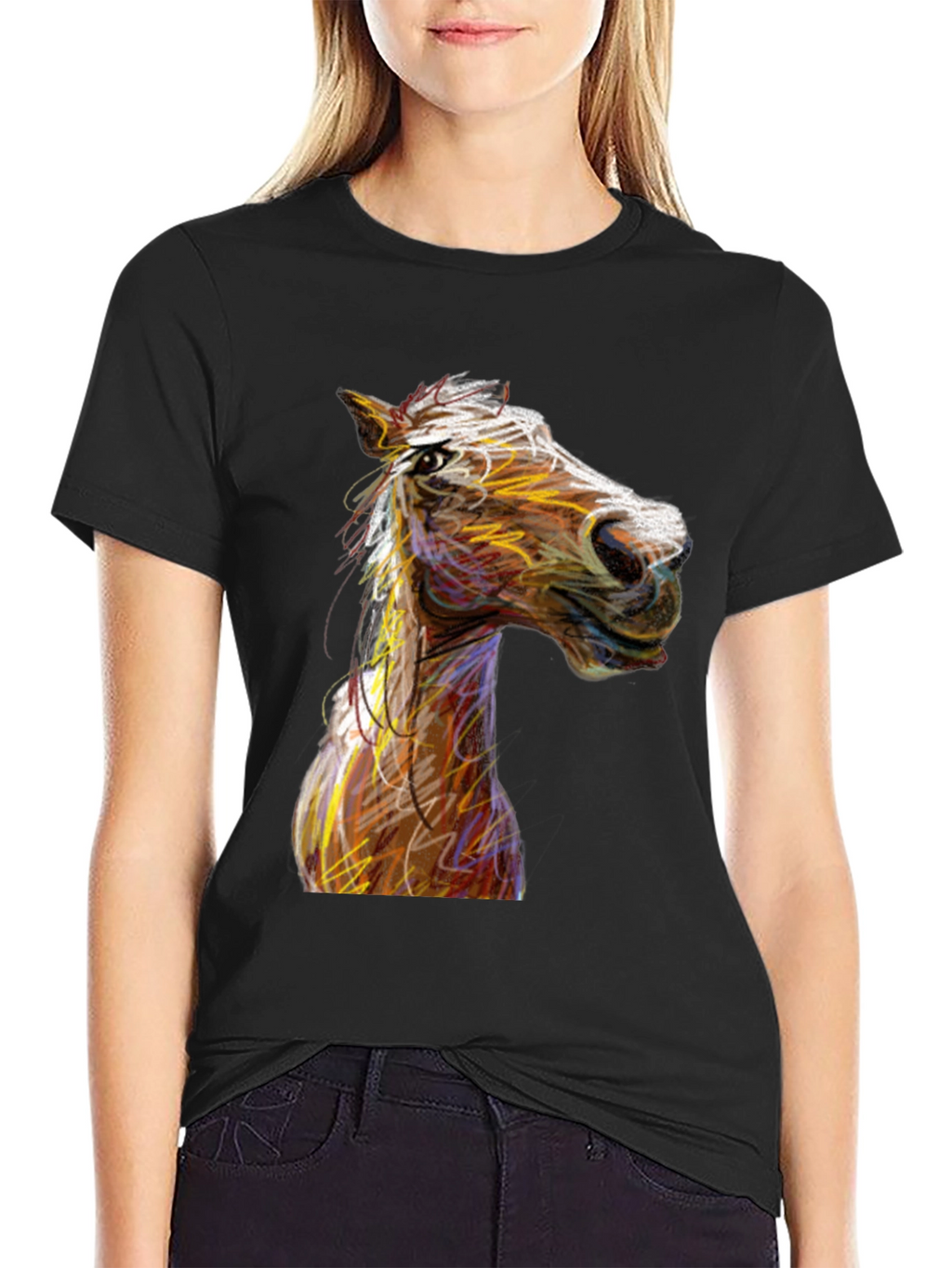 Horse Sketch Graphic Black Tee Shirt