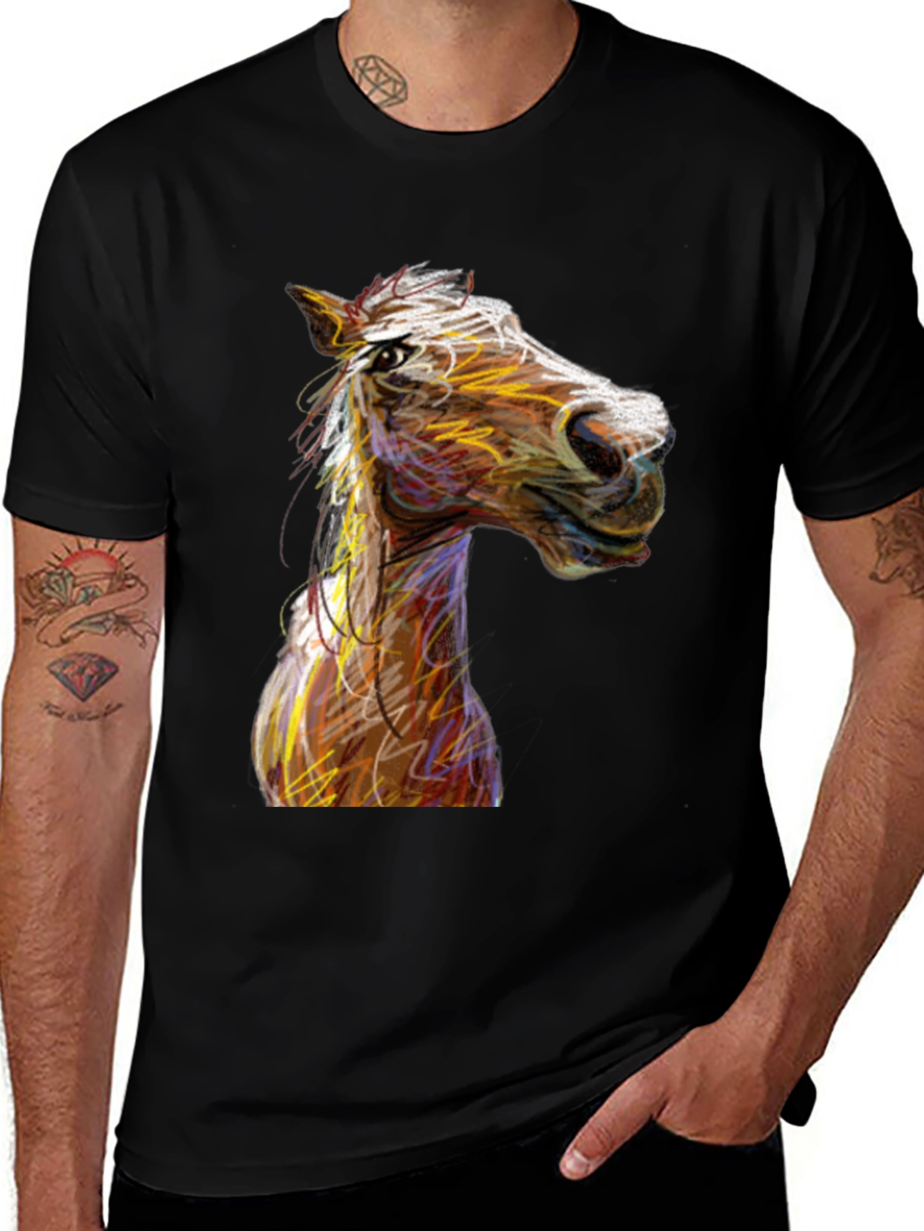 Horse Sketch Graphic Black Tee Shirt