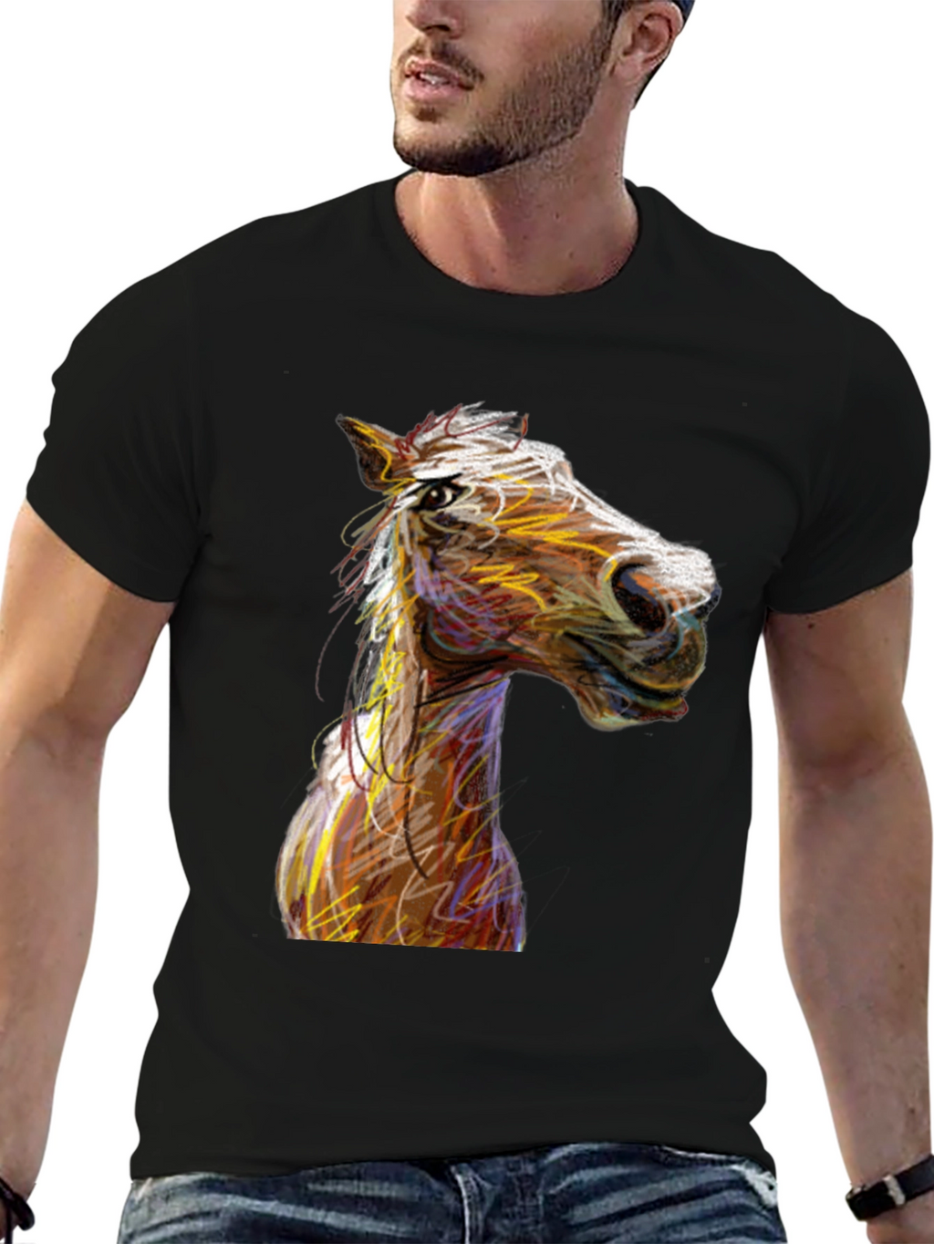 Horse Sketch Graphic Black Tee Shirt