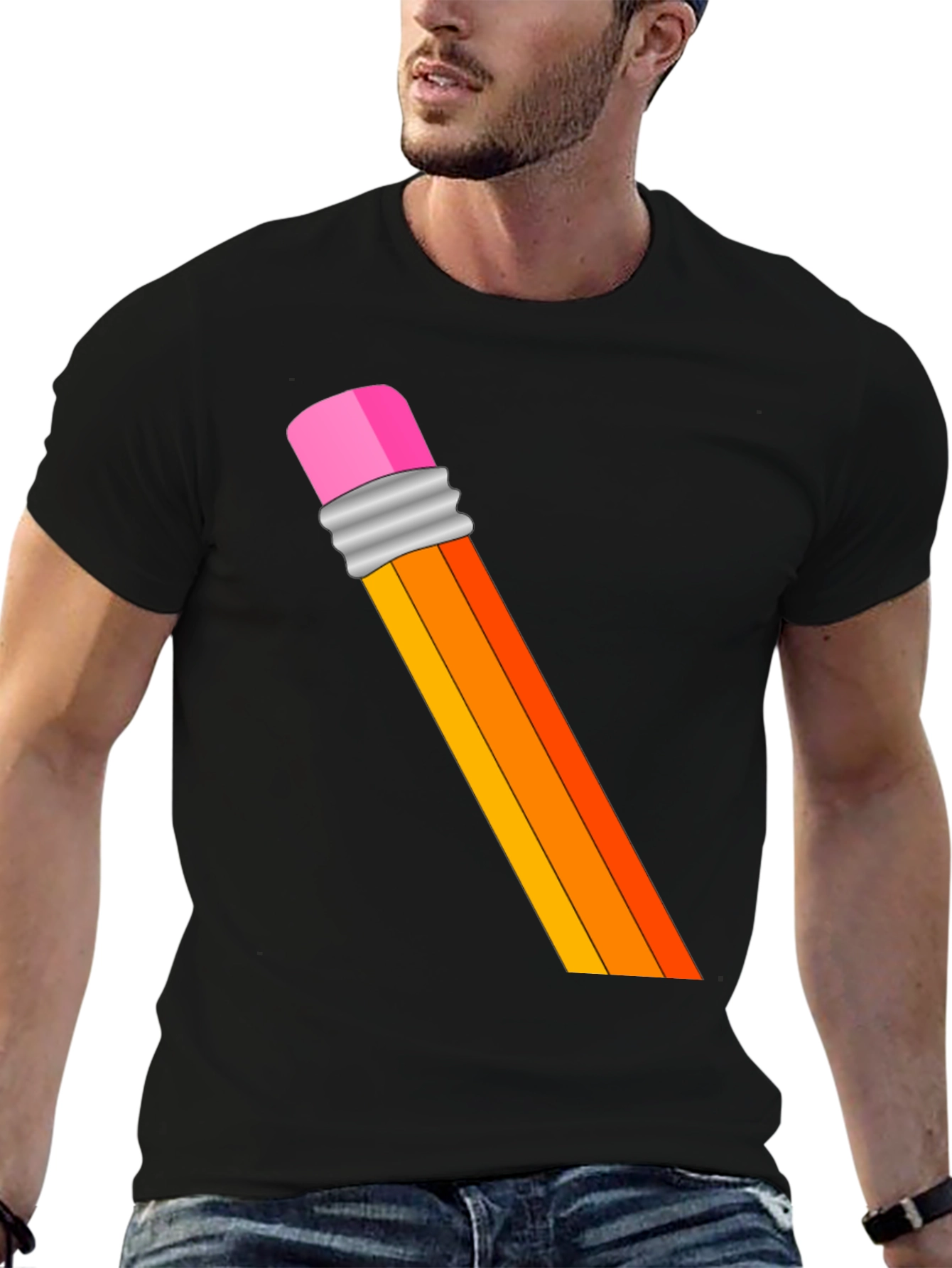 Pencil Graphic T-Shirt - Artistic Crew Neck Tee