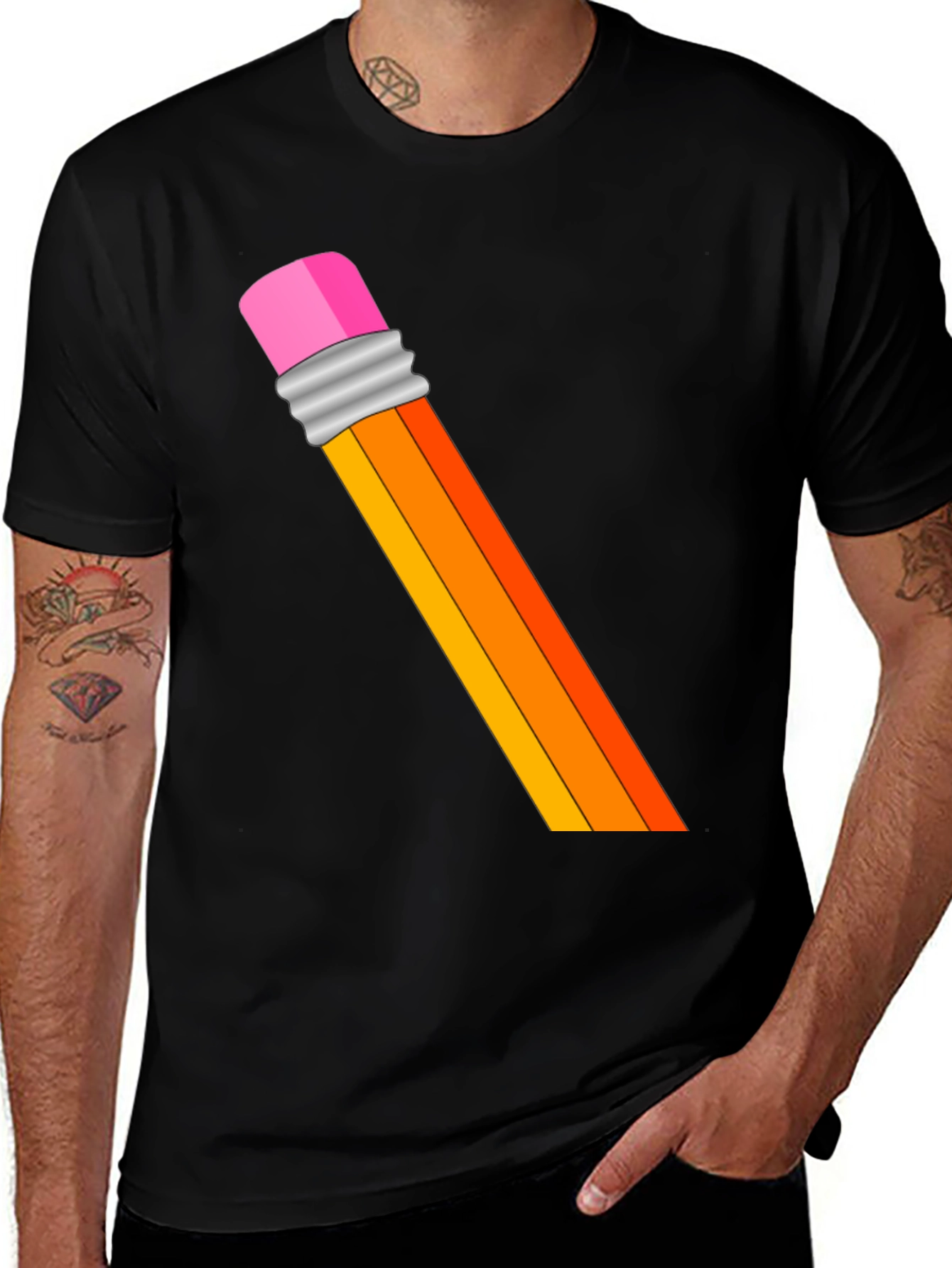 Pencil Graphic T-Shirt - Artistic Crew Neck Tee