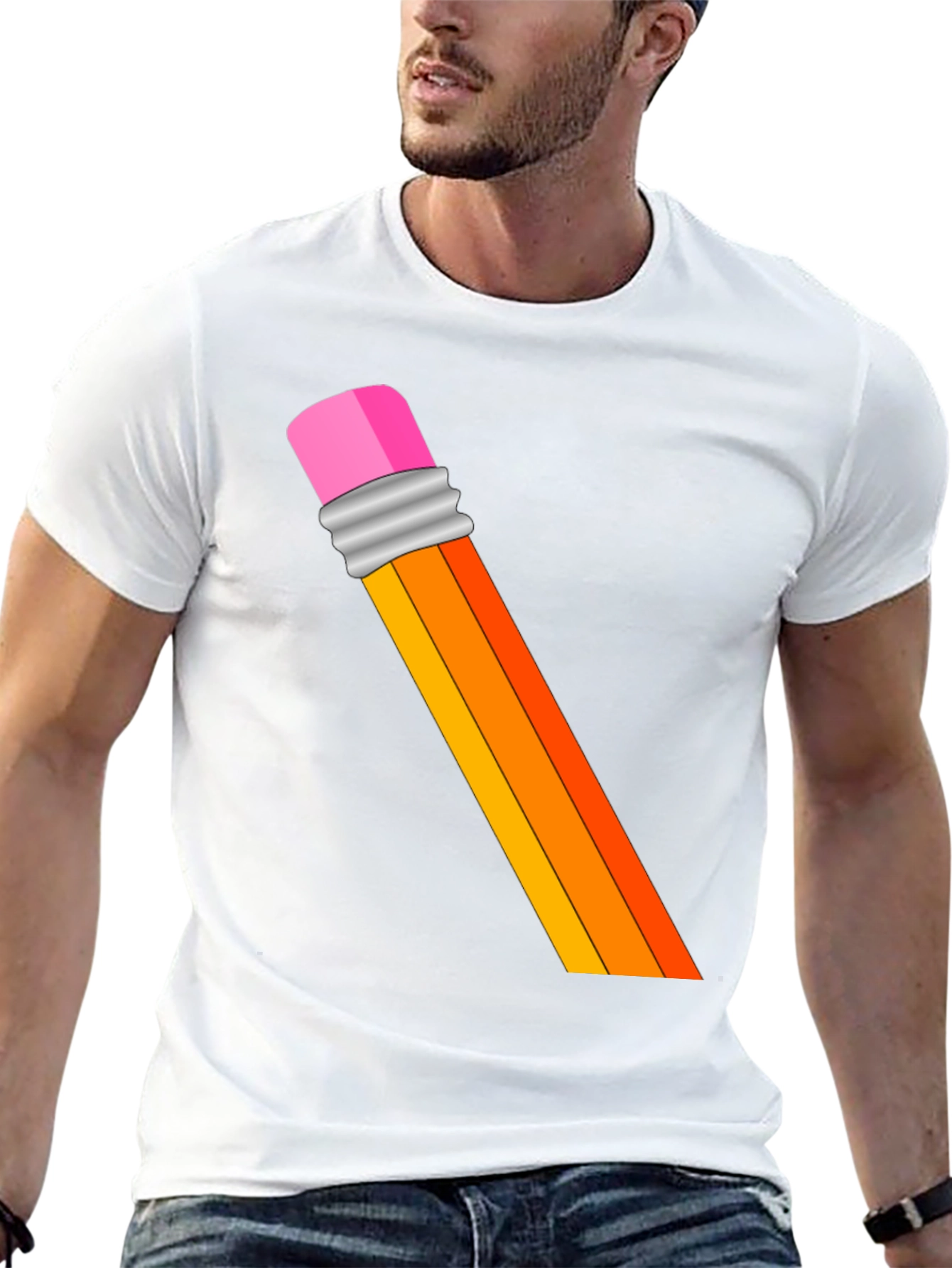 Pencil Graphic T-Shirt - Artistic Crew Neck Tee