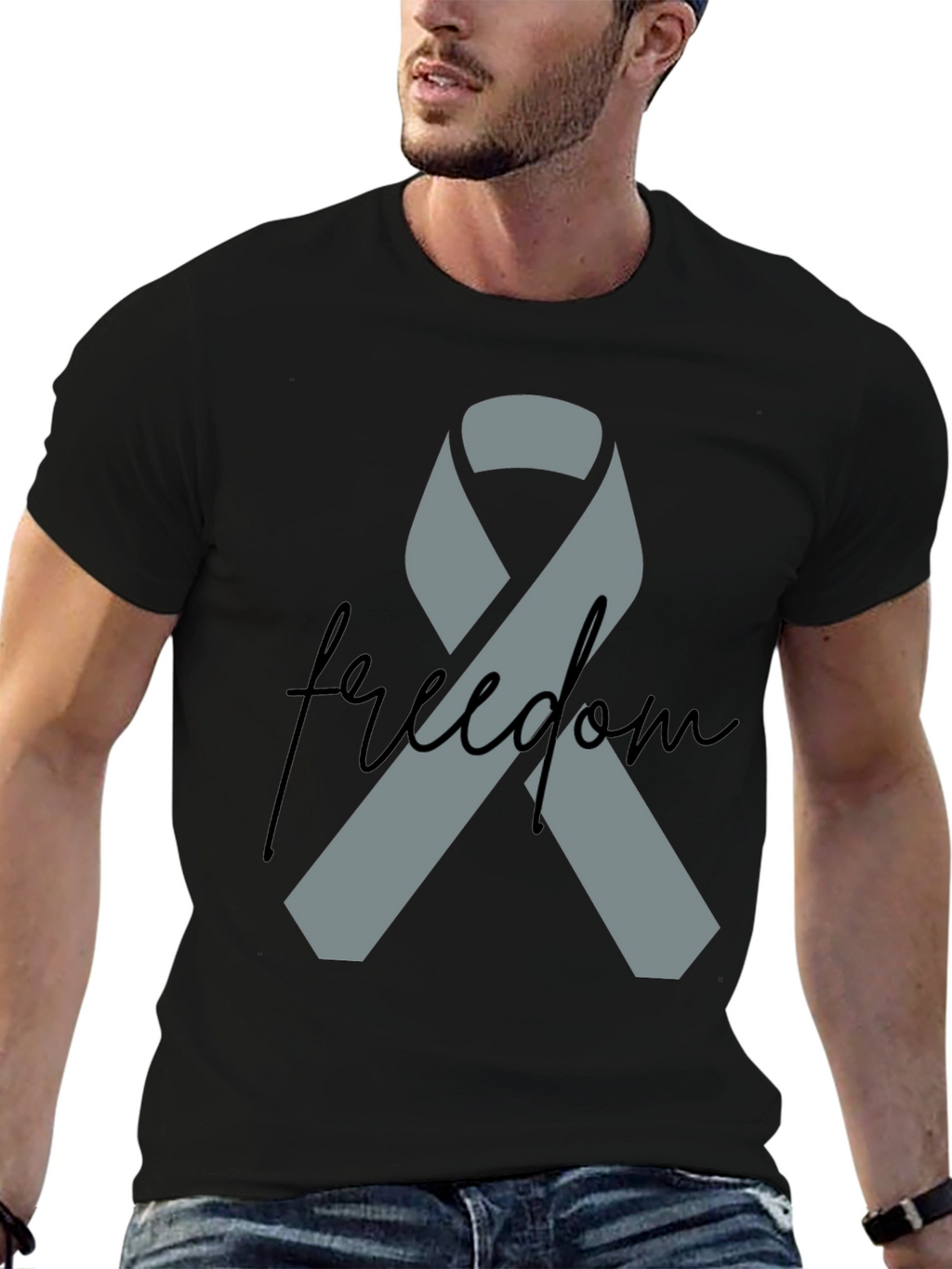 Freedom Ribbon T-Shirt - Grey Ribbon on Black