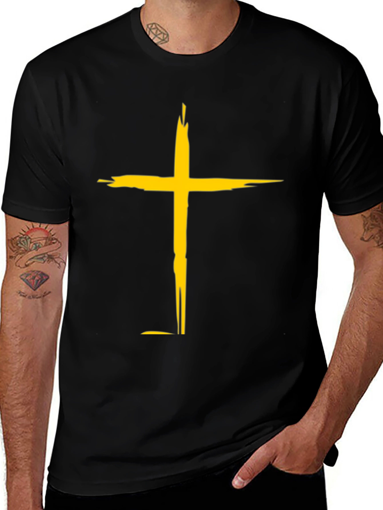 Bold Cross Graphic Tee - Black Cotton Blend Casual Shirt
