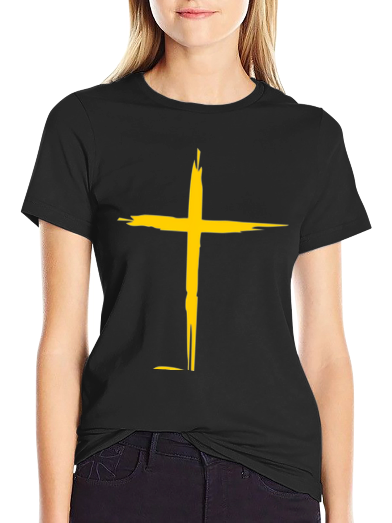Bold Cross Graphic Tee - Black Cotton Blend Casual Shirt