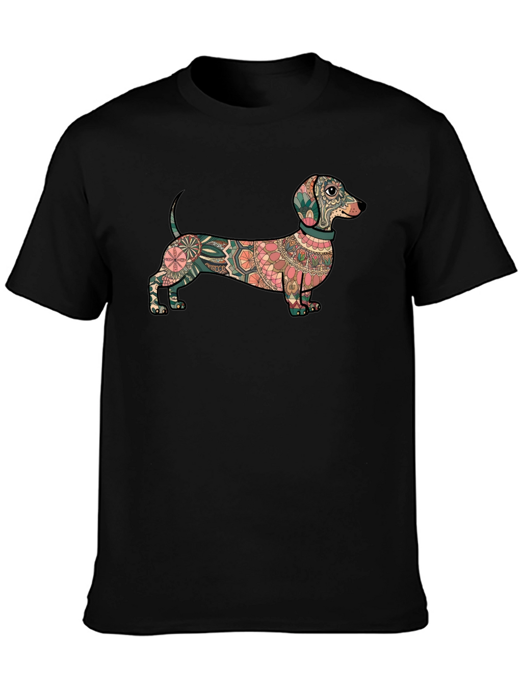 Dachshund Mandala Graphic Tee - Black Cotton T-Shirt