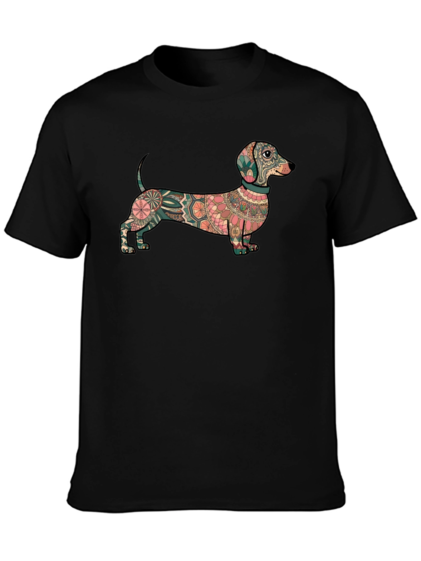 Dachshund Mandala Graphic Tee - Black Cotton T-Shirt