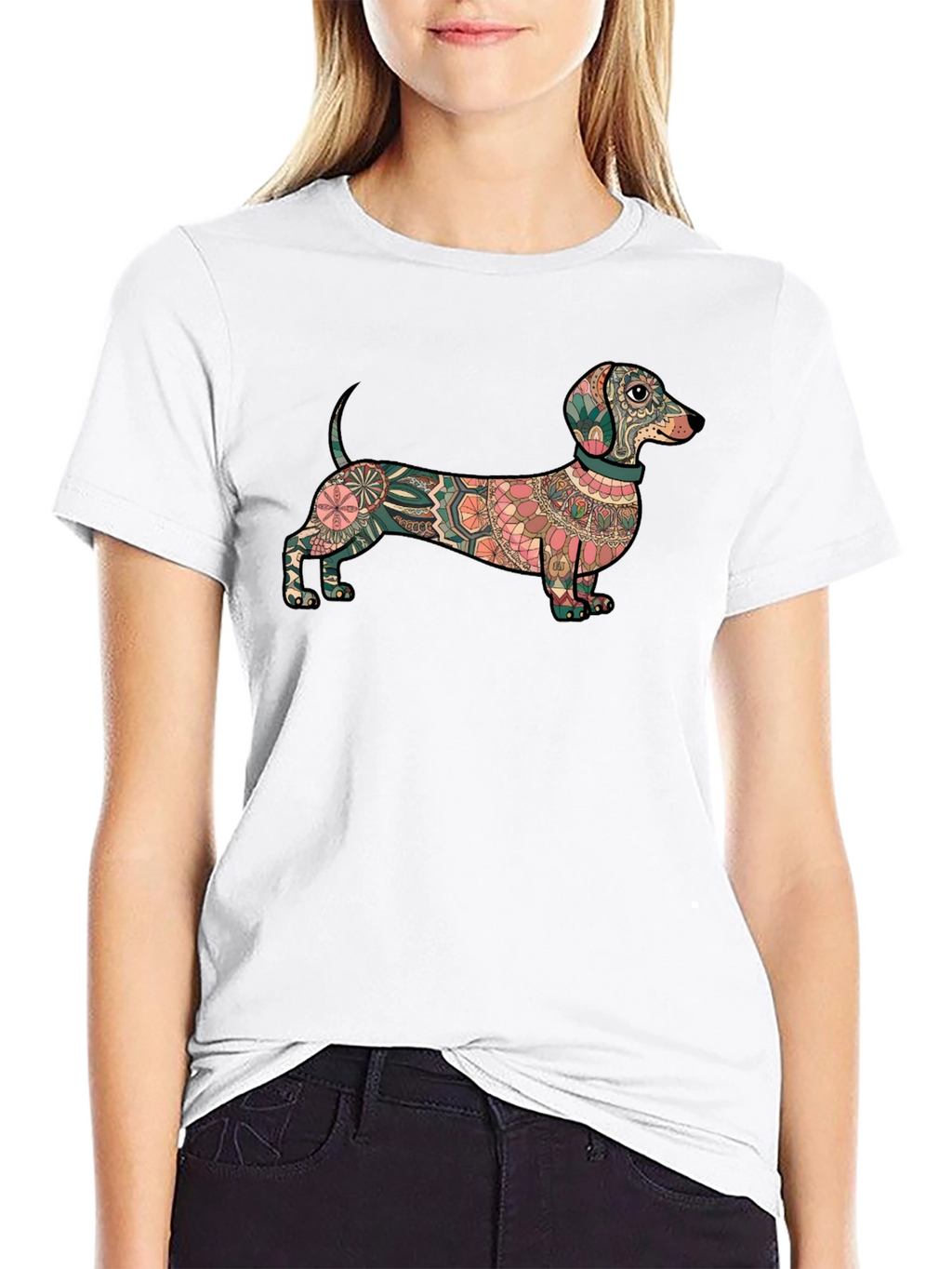 Dachshund Mandala Graphic Tee - Black Cotton T-Shirt