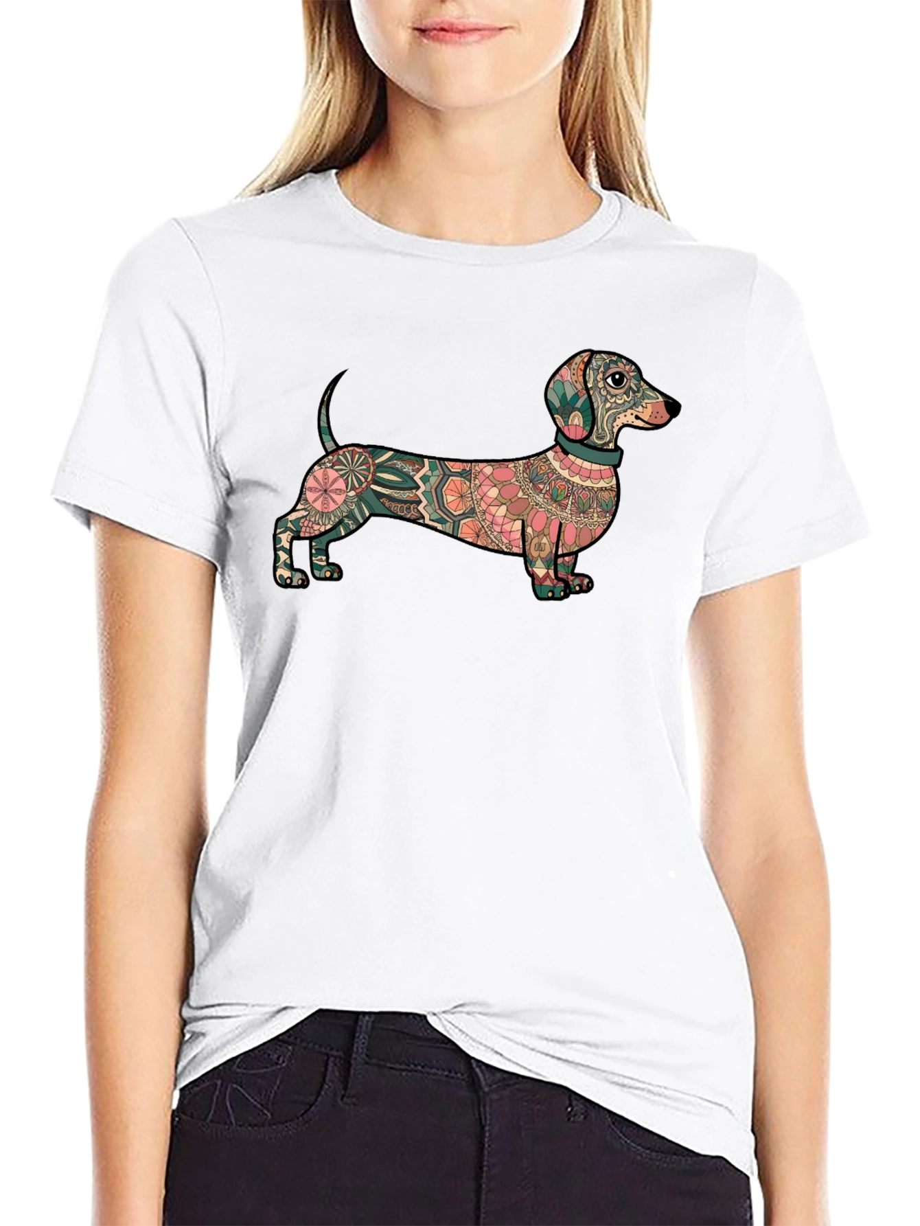 Dachshund Mandala Graphic Tee - Black Cotton T-Shirt